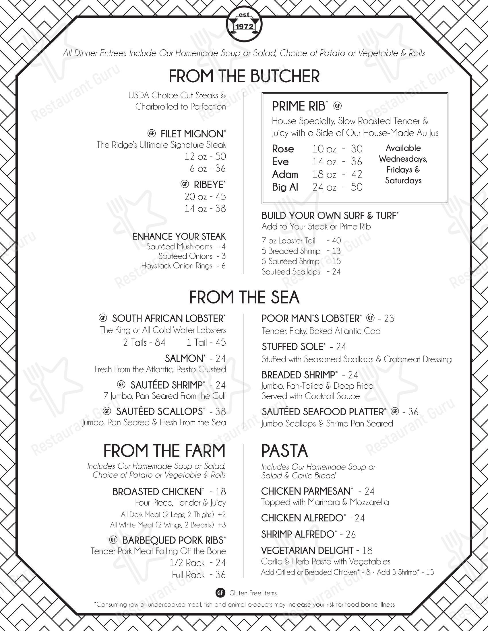 Меню стейк хауса Iron Ridge Inn Restaurant