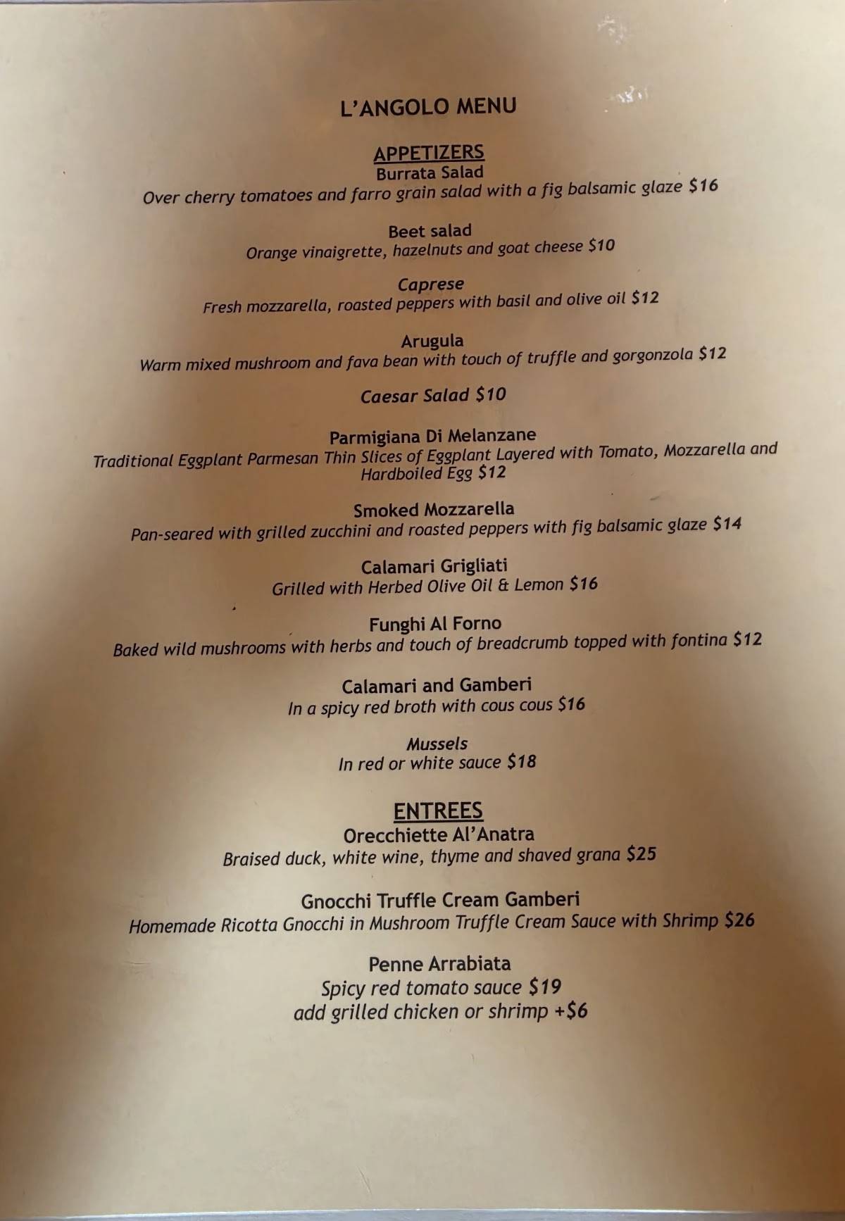 L'Angolo Ristorante меню