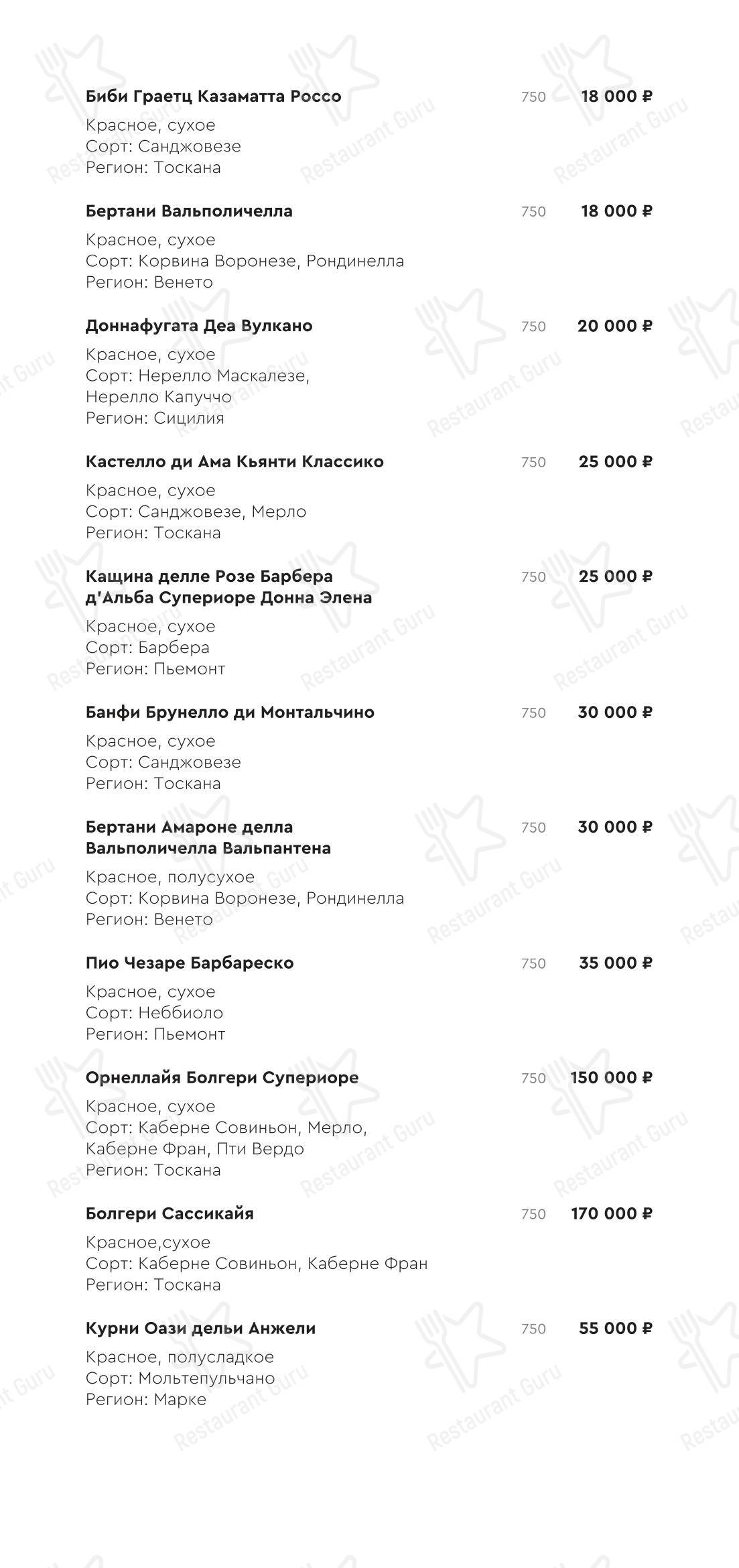 Ночное меню ресторана Лучано
