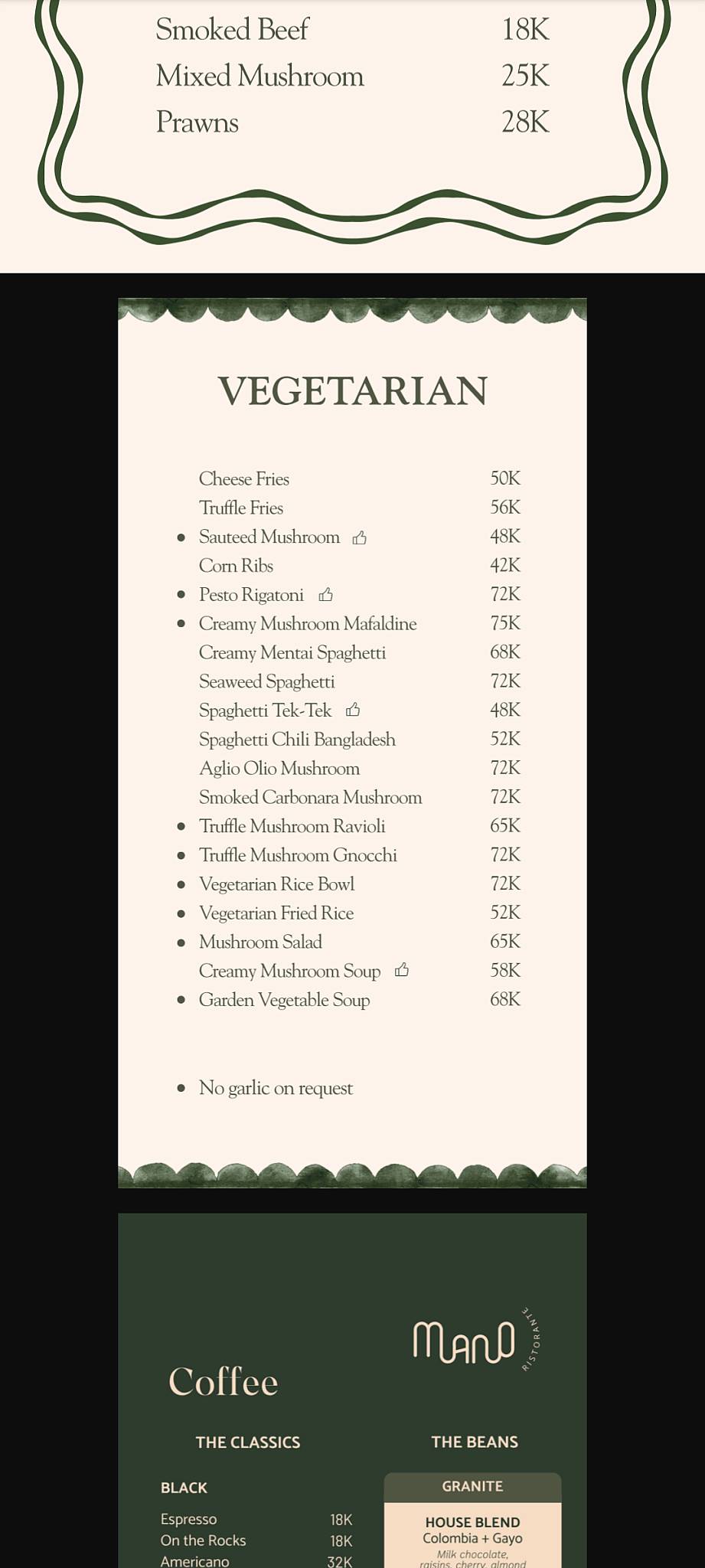 MANO RISTORANTE меню
