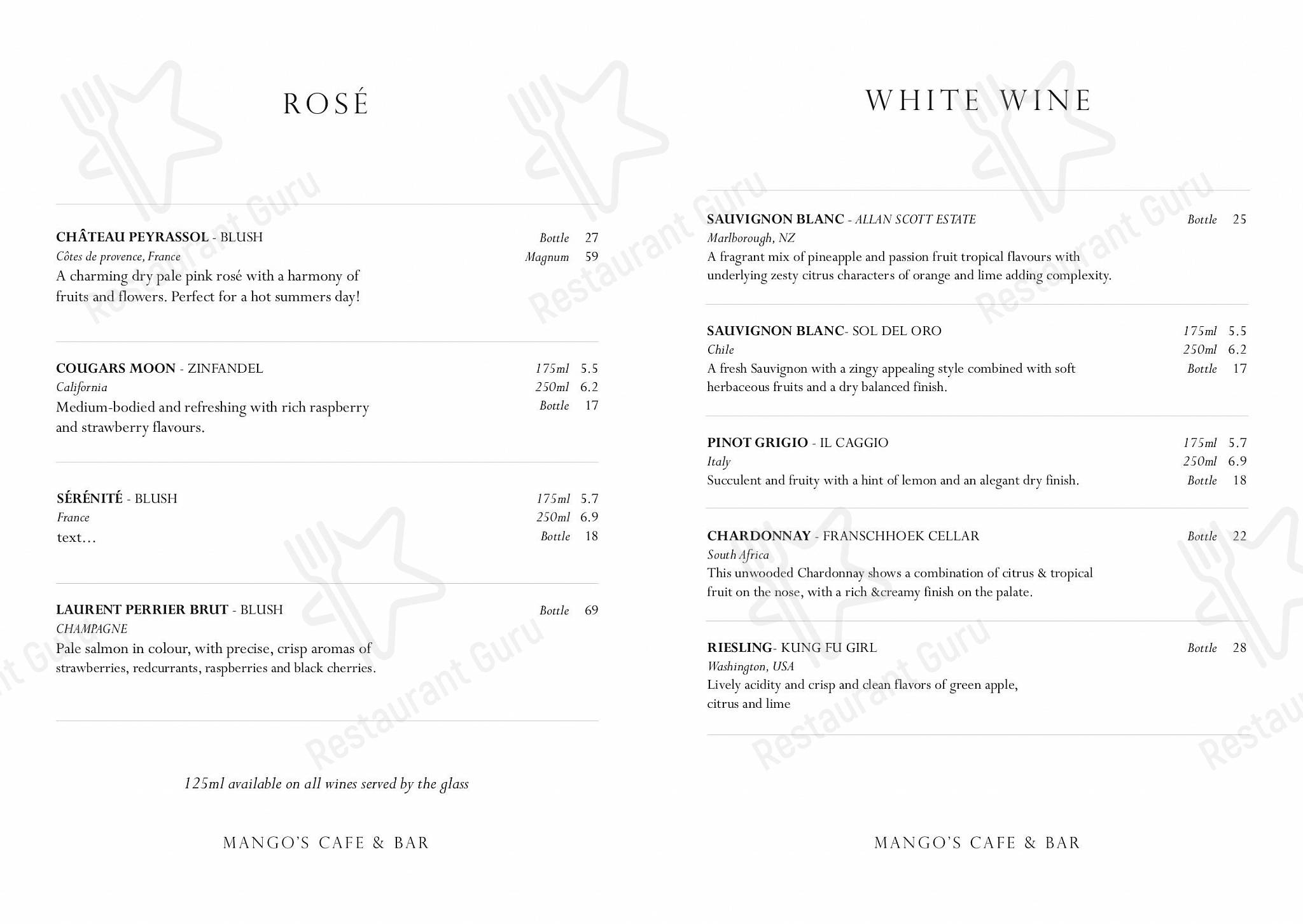 Меню кафе Mango’s Cafe - Wine Menu