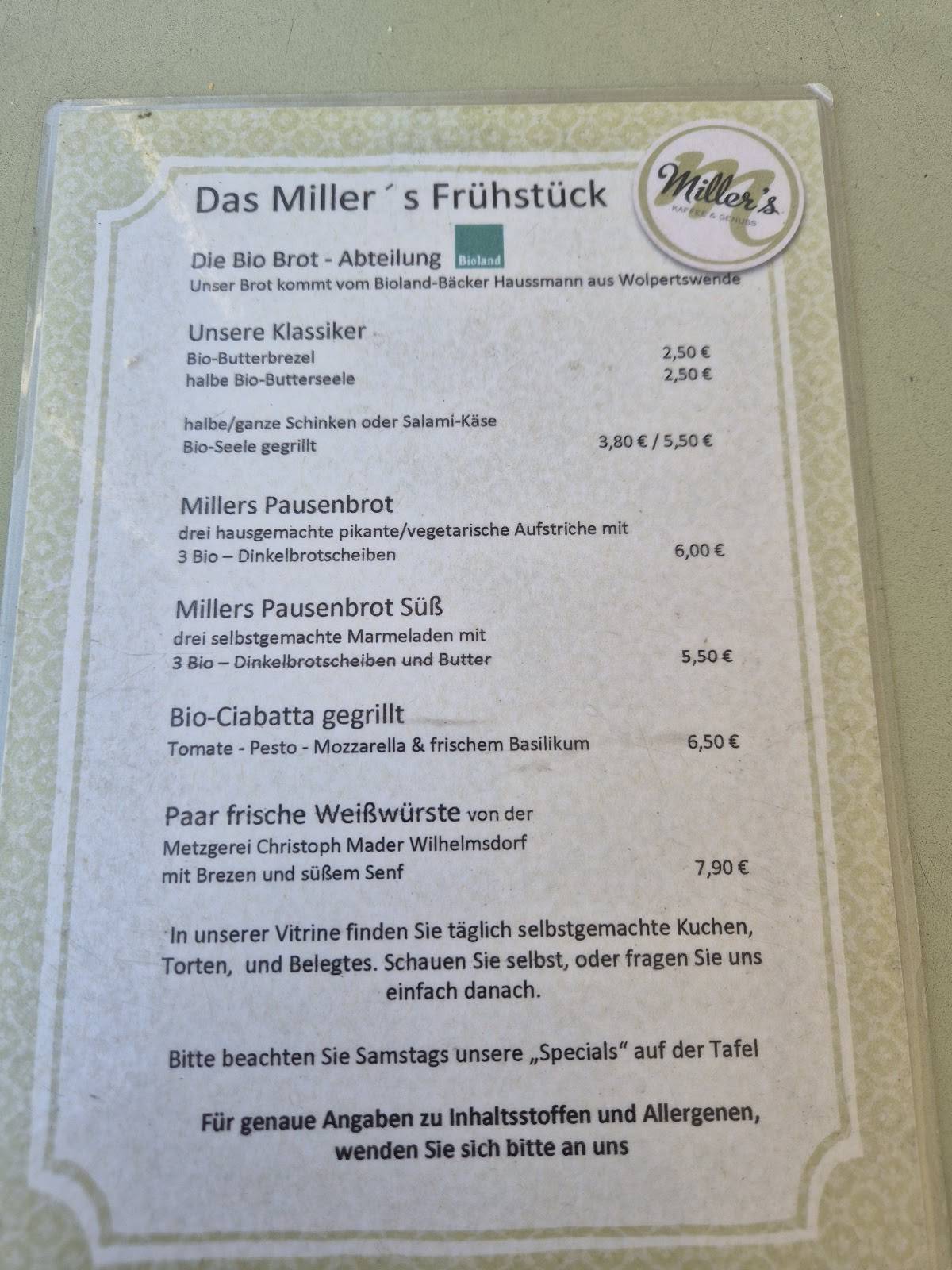 Miller`s Kaffee & Genuss меню