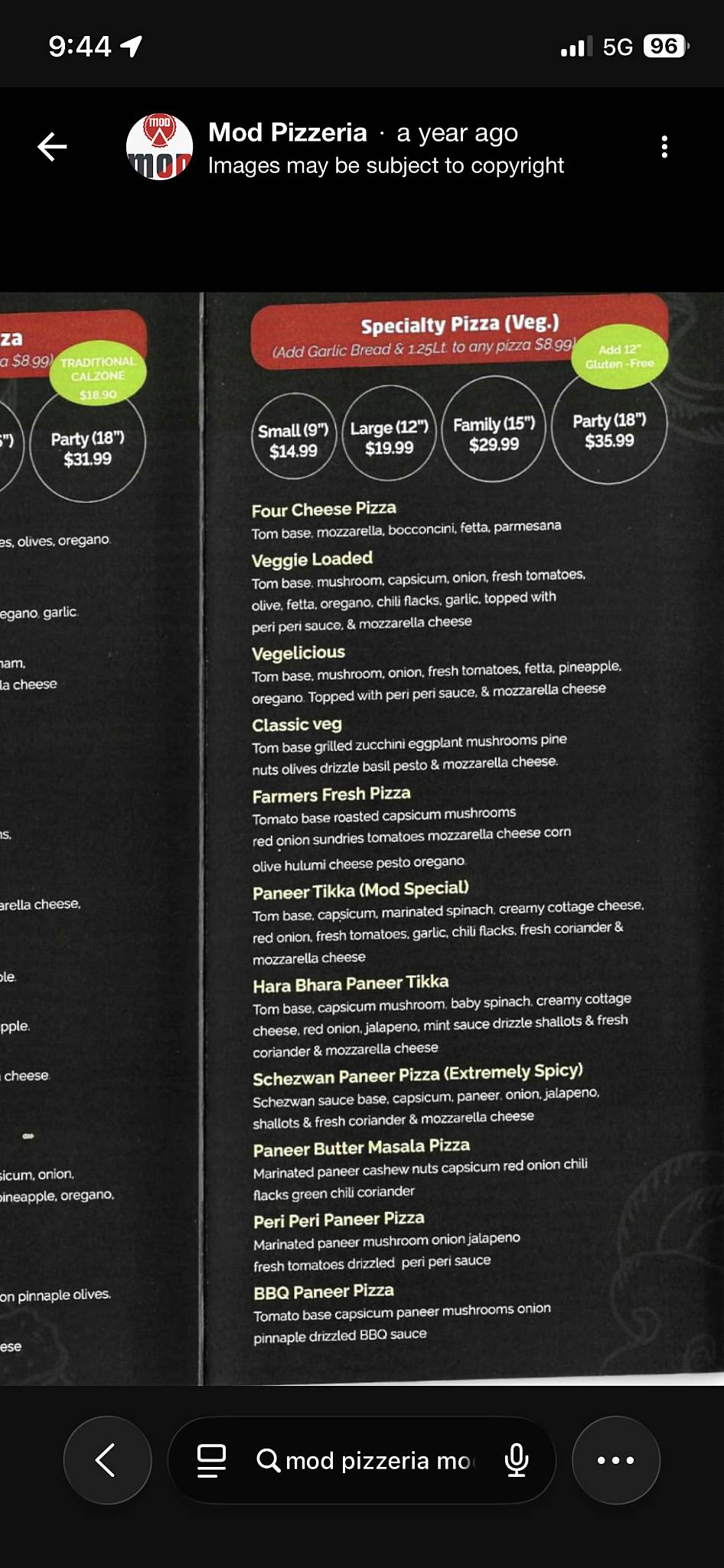 Mod Pizzeria Modbury меню