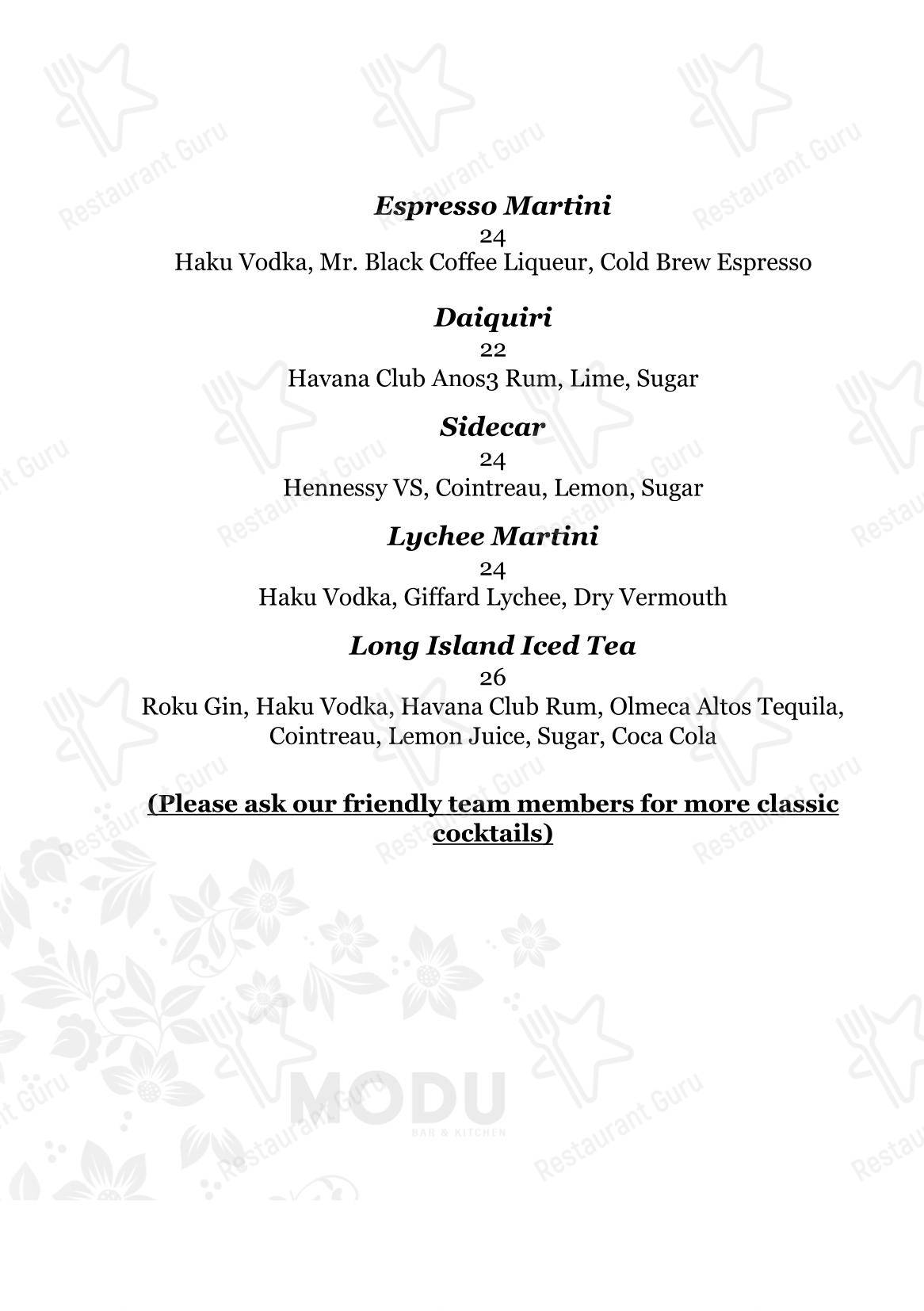 Меню паба и бара Modu Bar & Kitchen в Перте