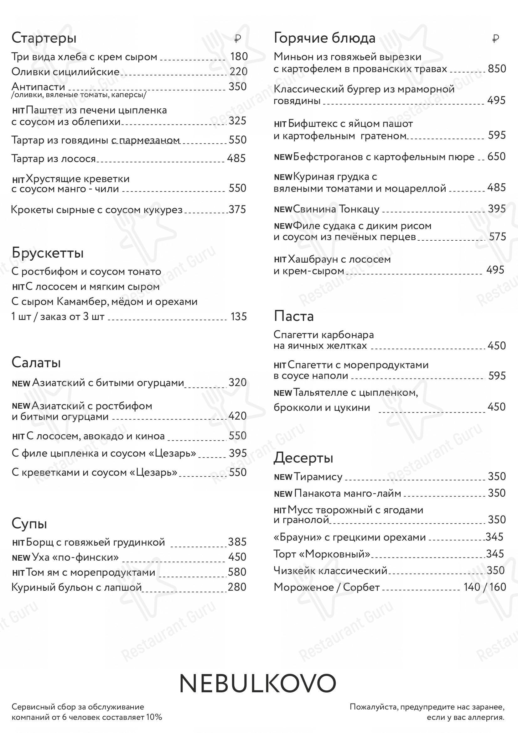 Меню для посетителей кафе Небулково