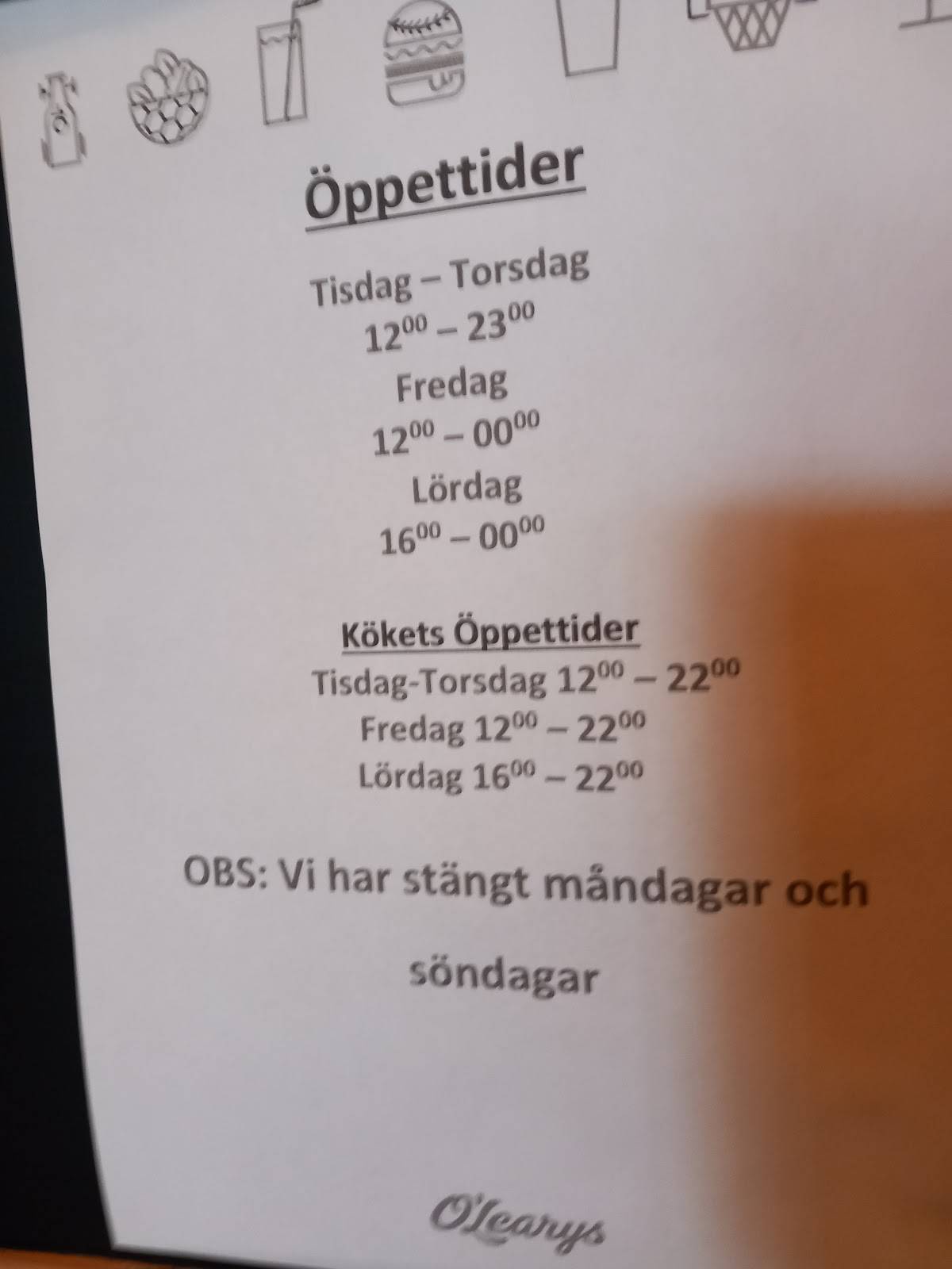 O'Learys Köping меню