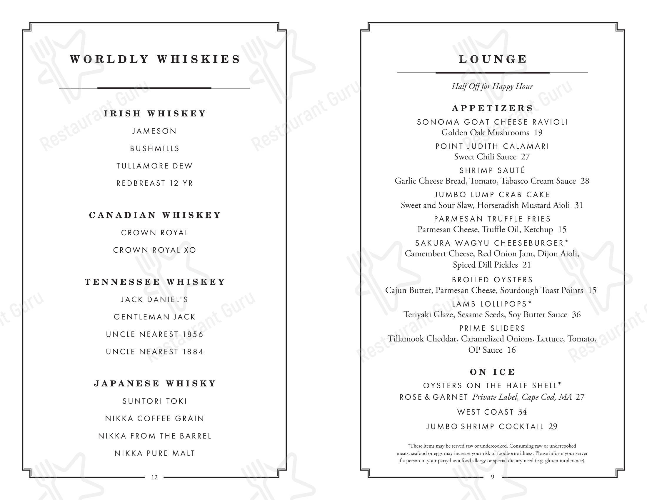 Меню паба и бара Ocean Prime - Takeaway Menu