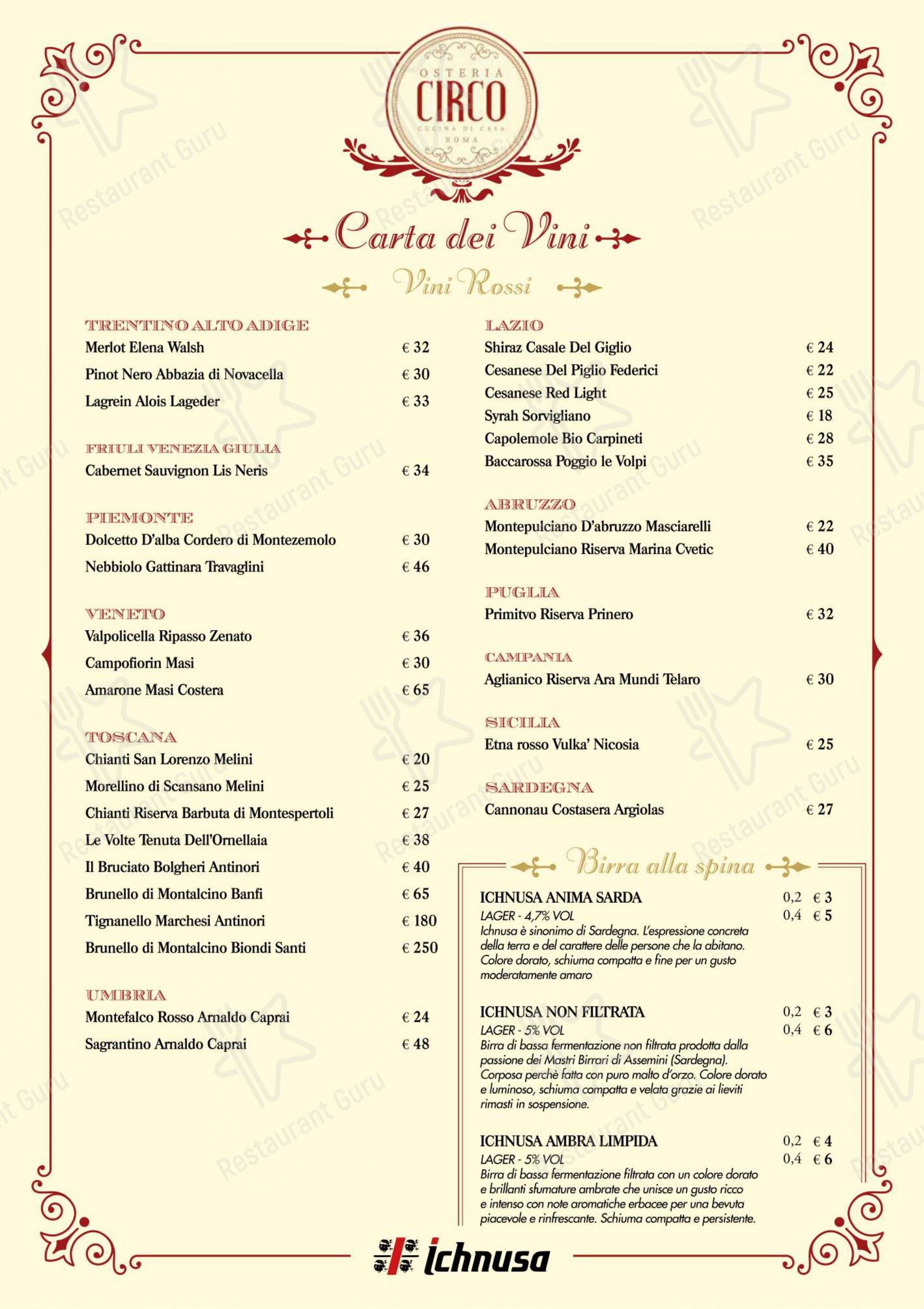 Меню напитков ресторана Osteria Circo в Риме