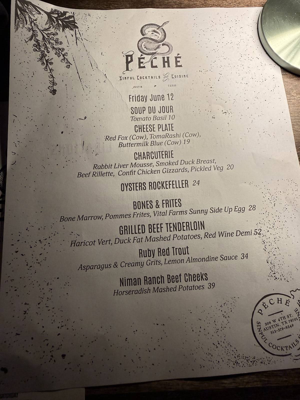 Péché меню