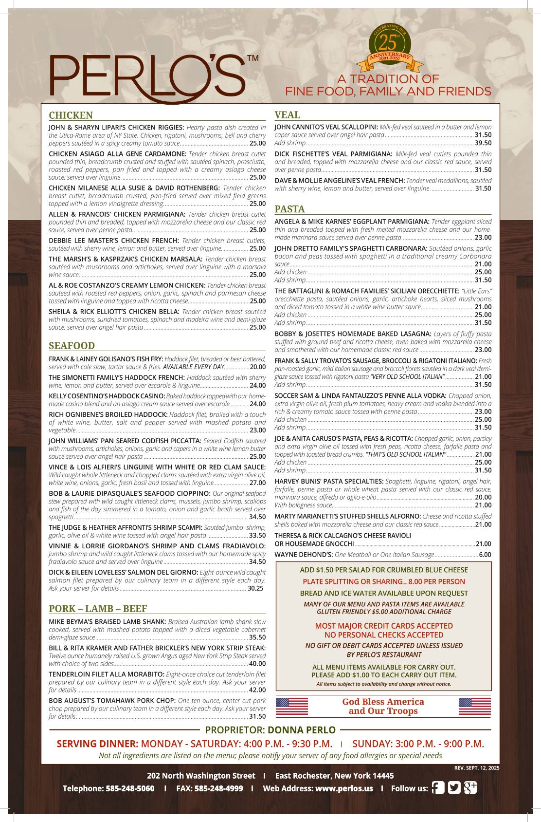 Perlo's Restaurant меню