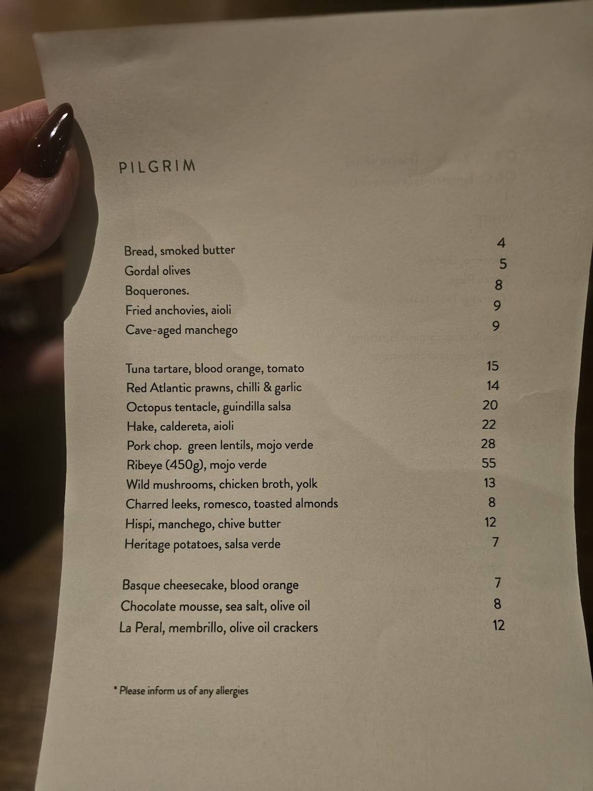 Pilgrim меню