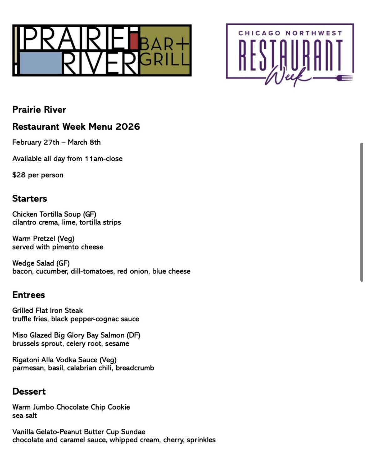 Prairie River Restaurant меню
