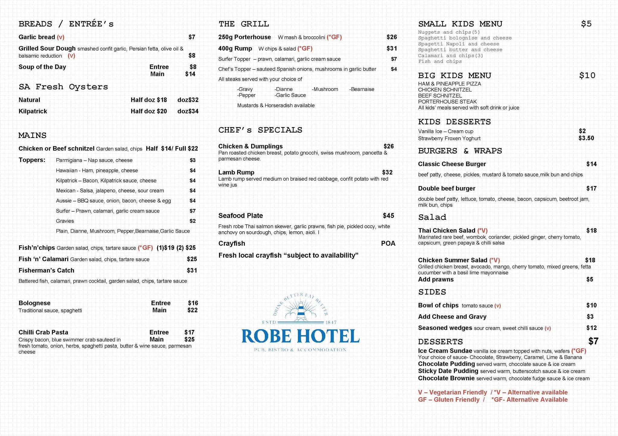 Robe Hotel меню