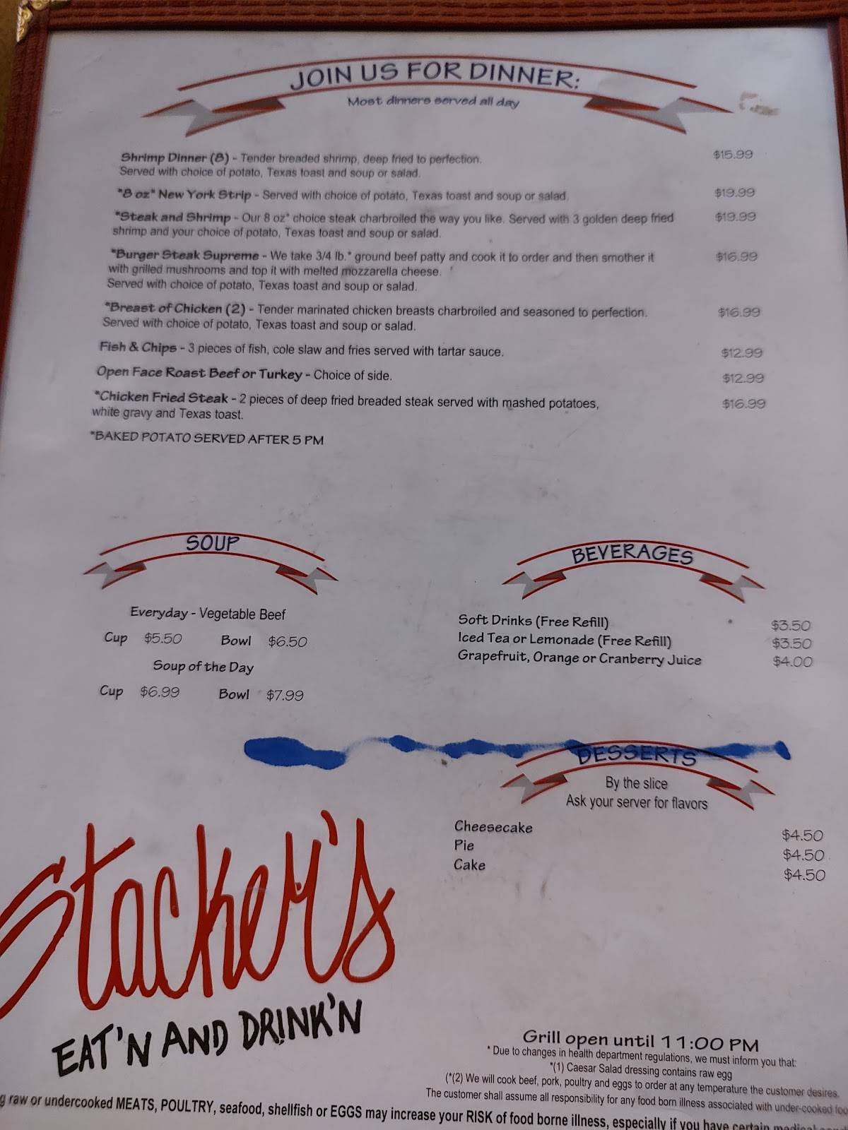 Stackers Restaurant меню