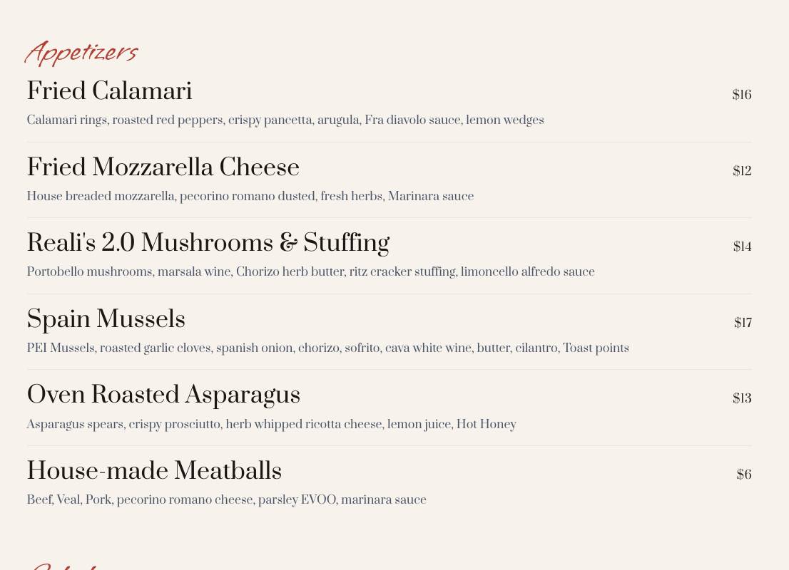 Reali's Cuisine меню