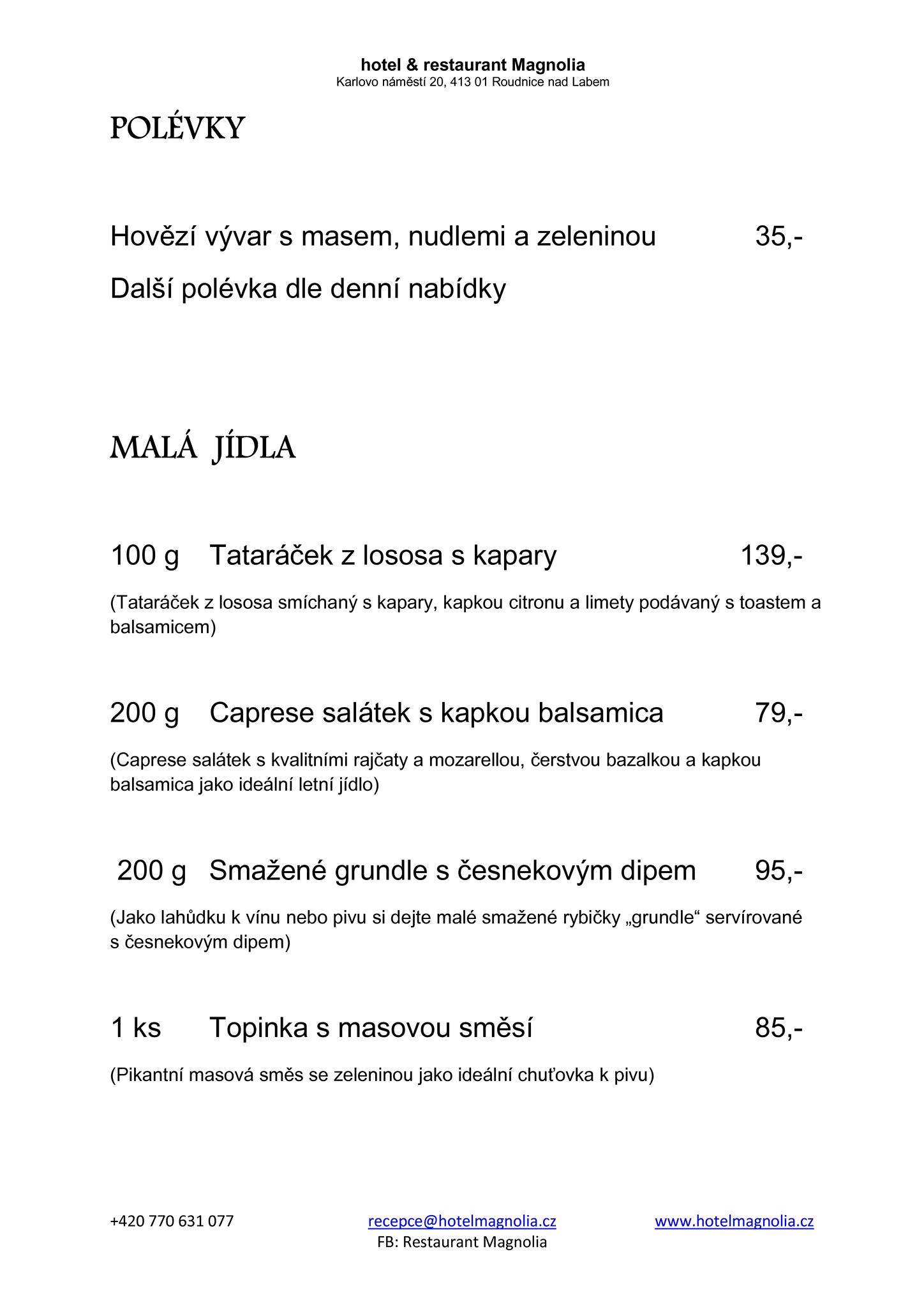 Restaurant Magnolia Roudnice nad Labem меню
