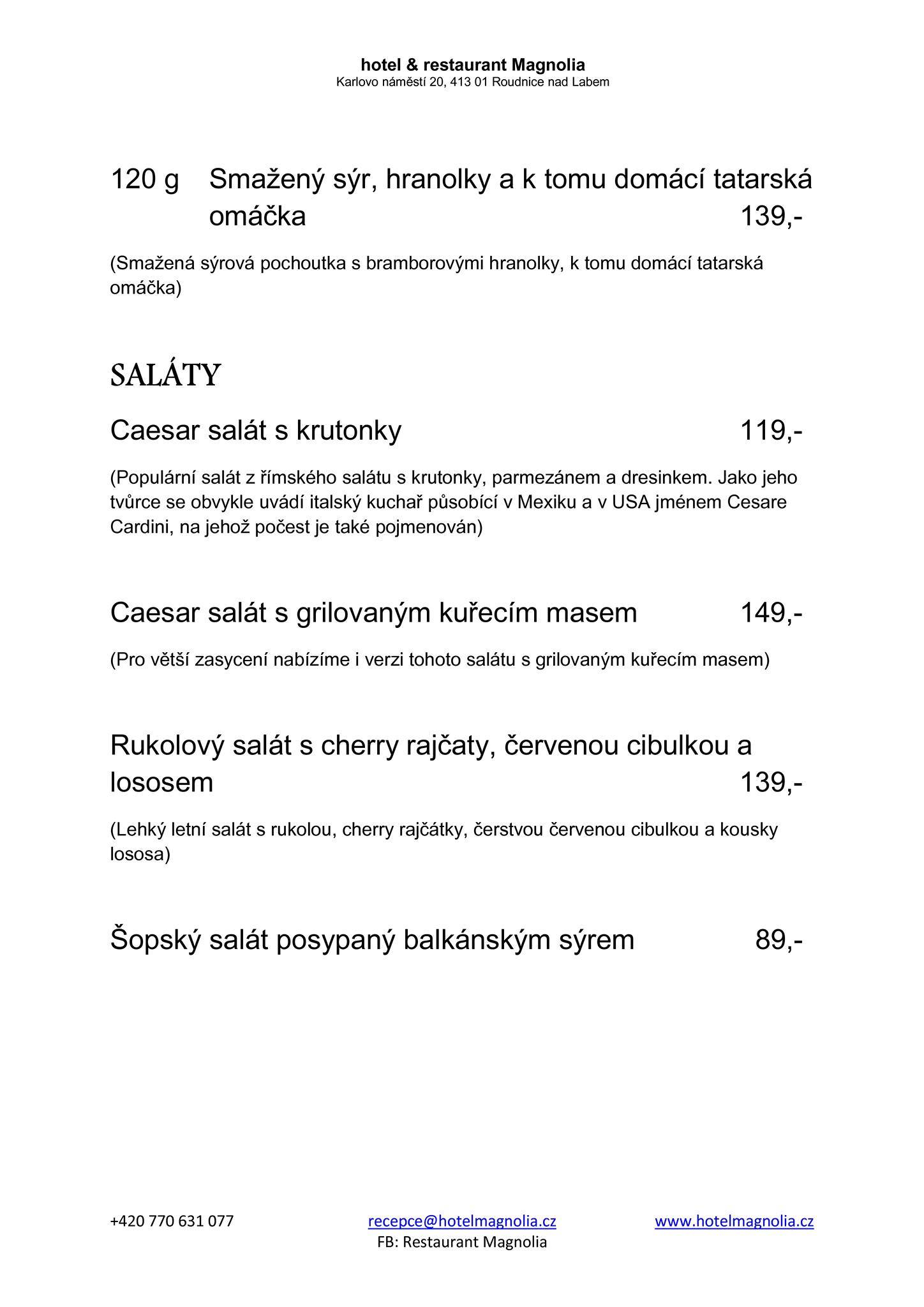 Restaurant Magnolia Roudnice nad Labem меню