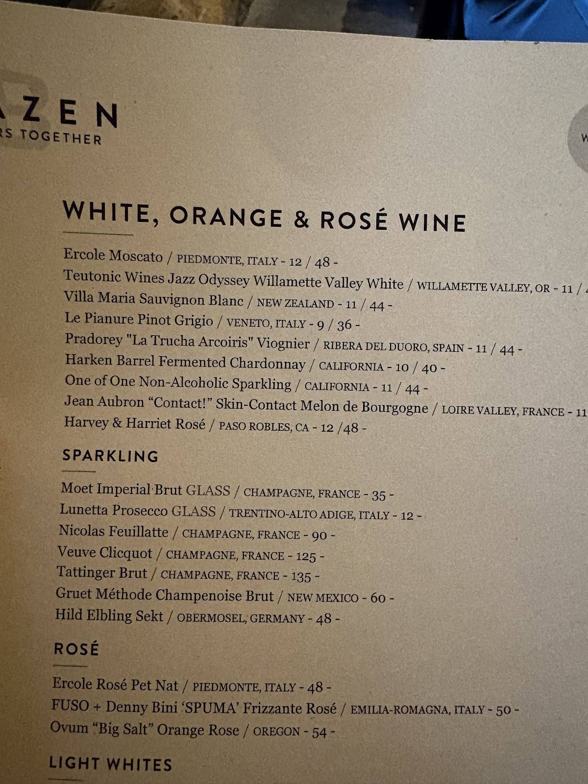 Brazen Open Kitchen Bar меню