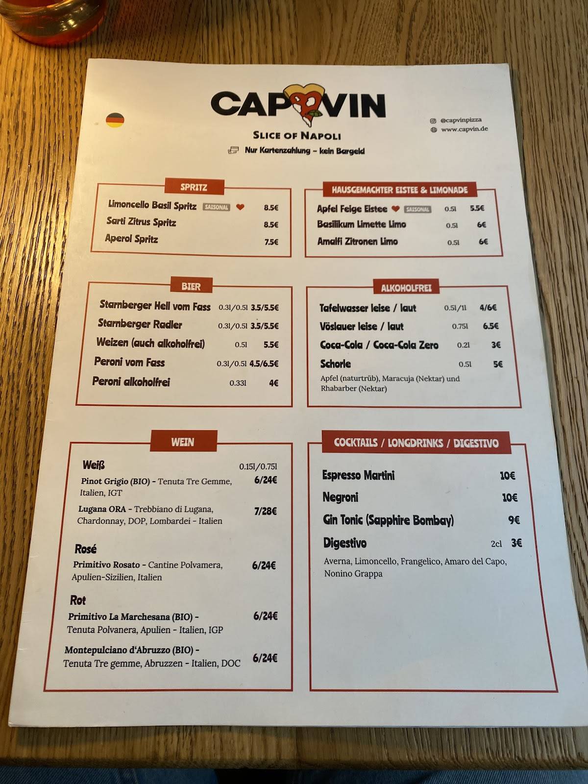 Capvin меню