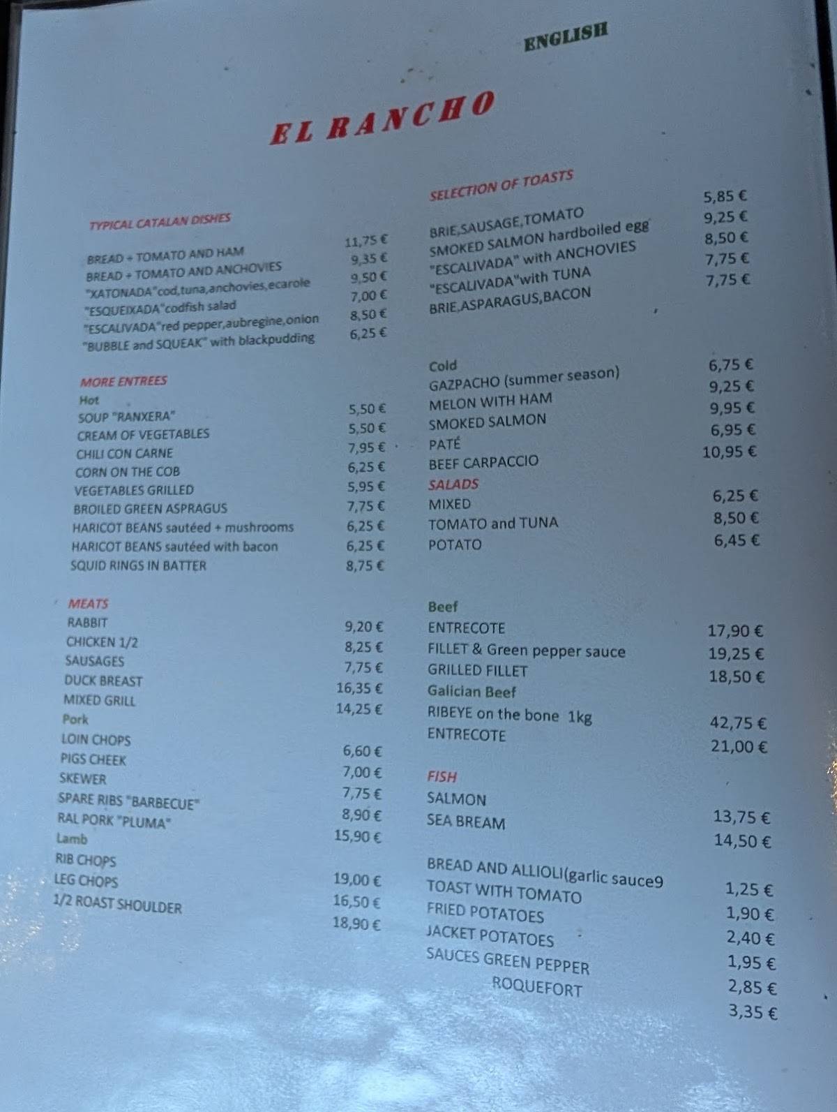 Restaurant El Ranxo меню