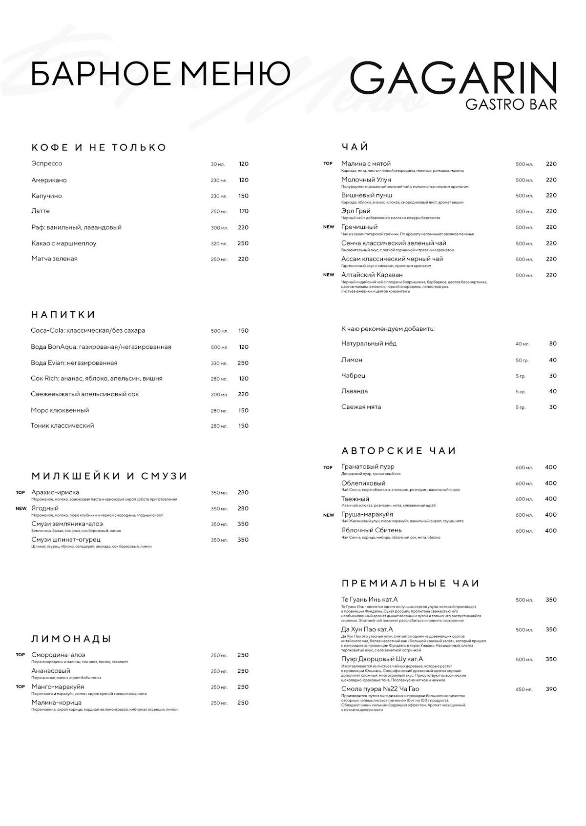Gagarin Gastro Bar меню