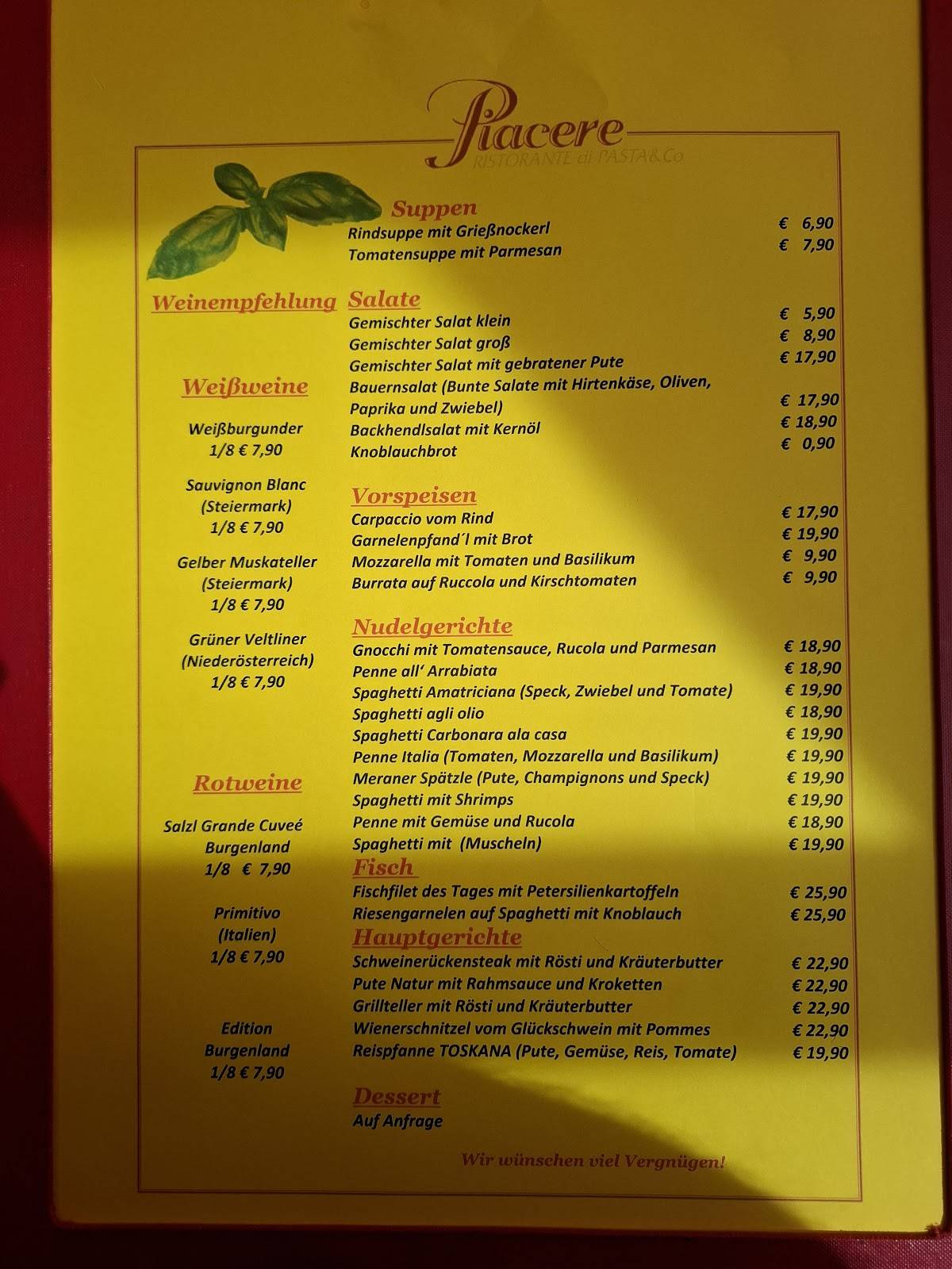 Restaurant Piacere меню