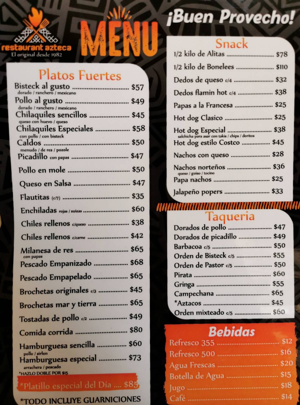 Restaurant Azteca меню