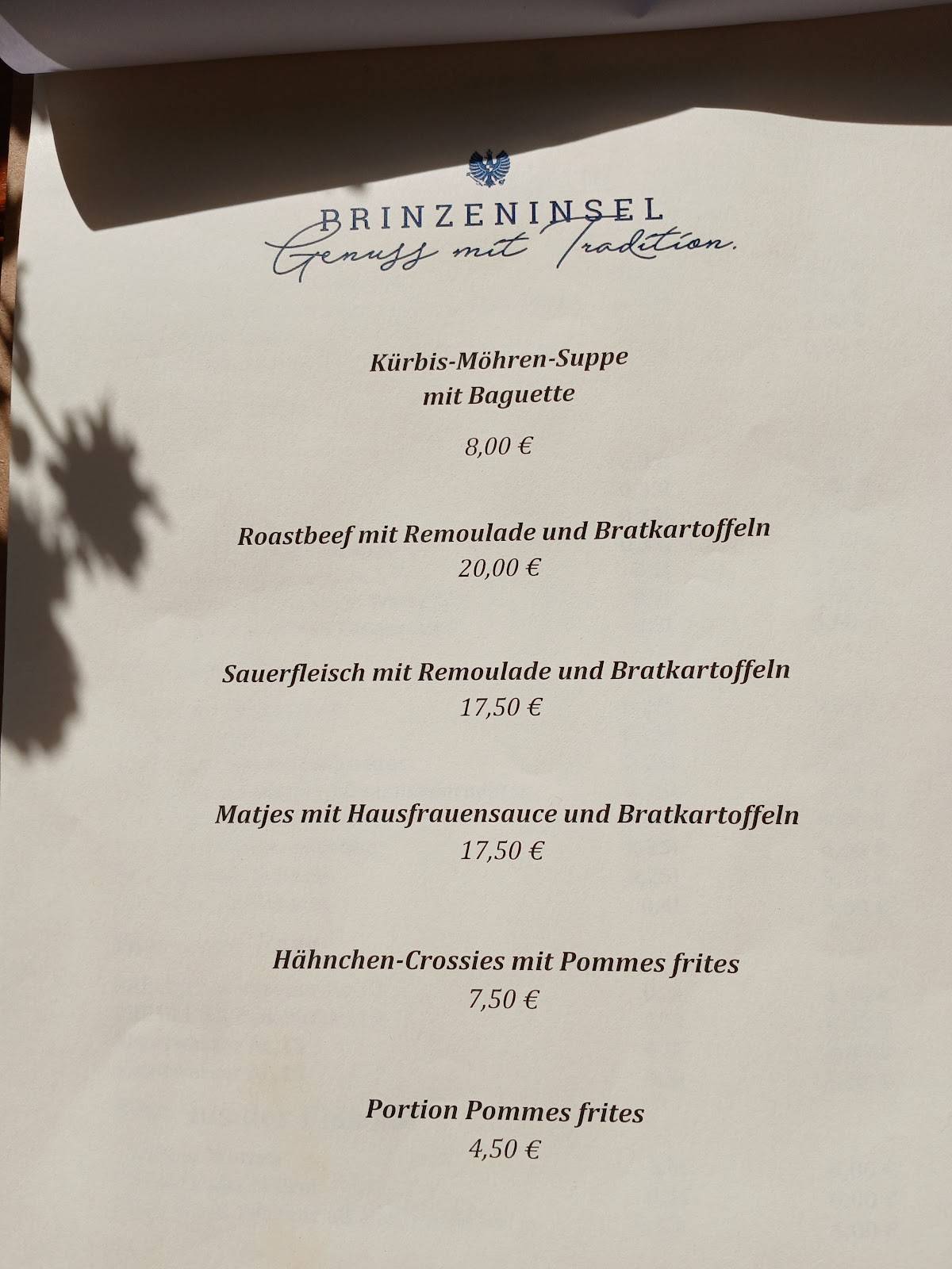 Restaurant und Café Prinzeninsel меню