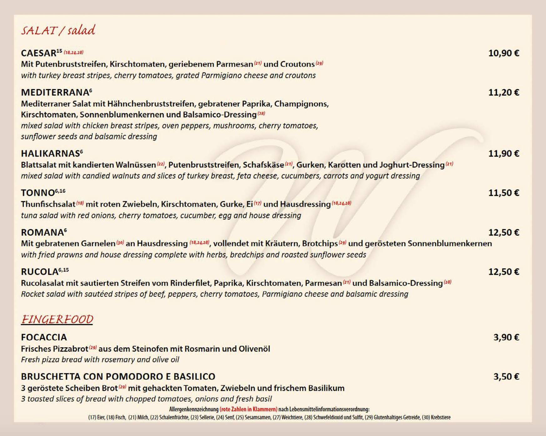 Restaurant Winterfeld меню
