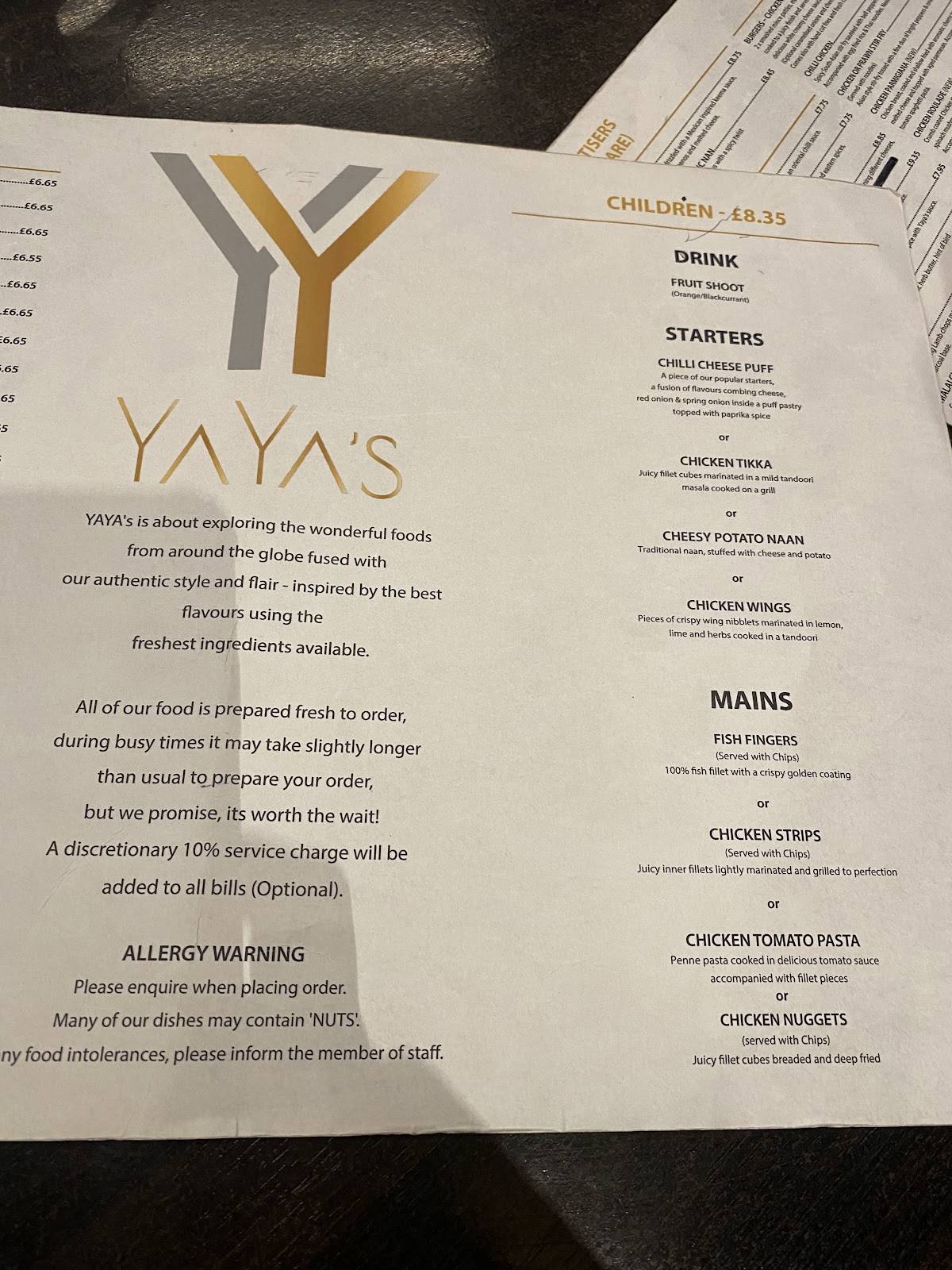 Yaya's меню