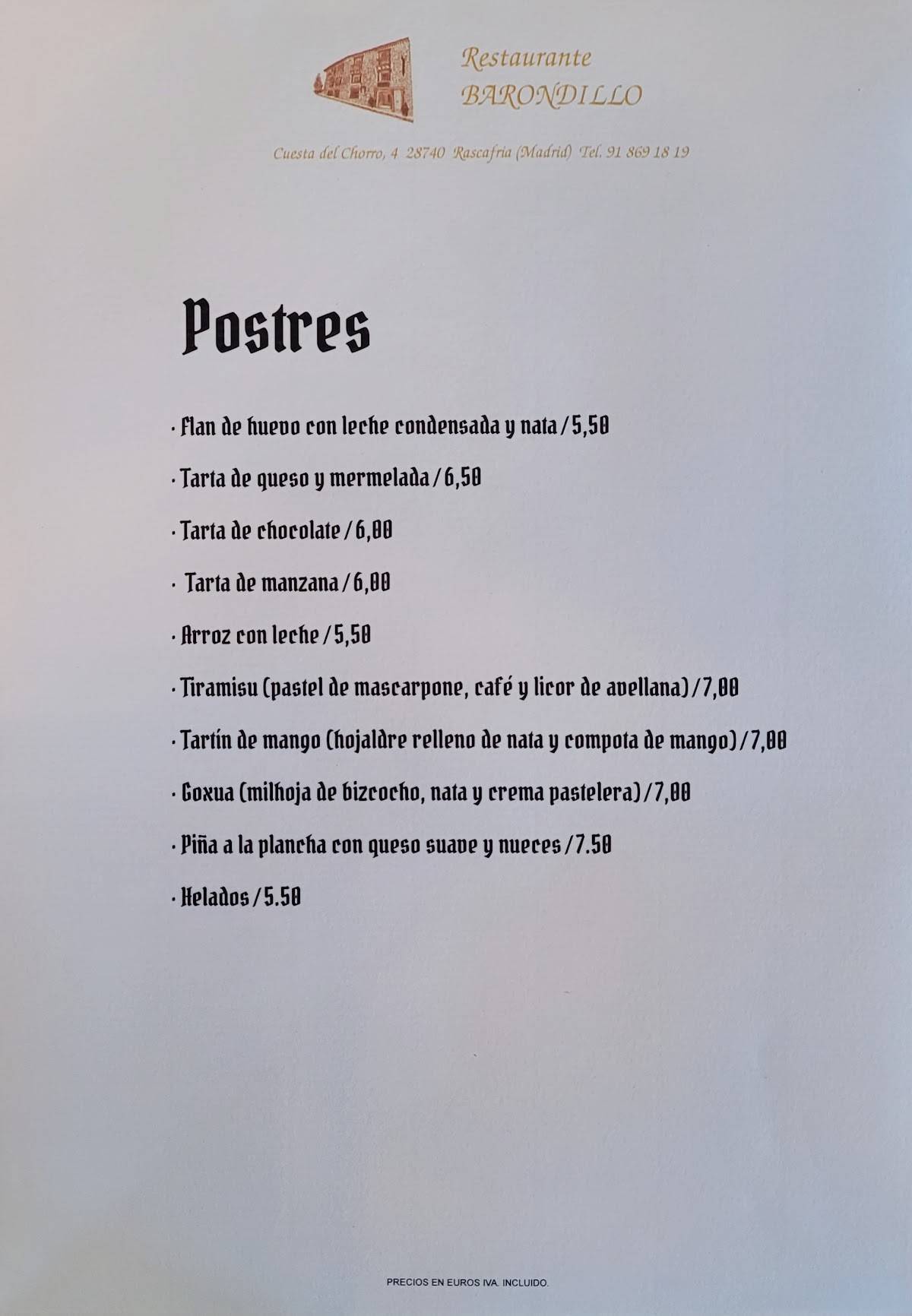 Restaurante hotel El Barondillo меню