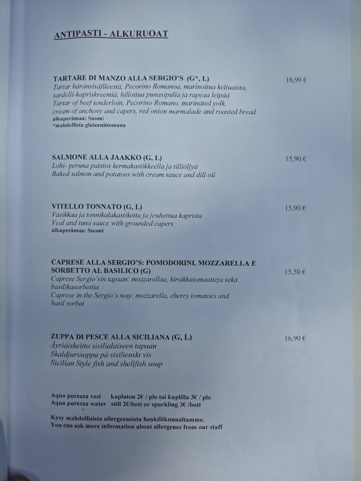 Ristorante Sergio’s меню