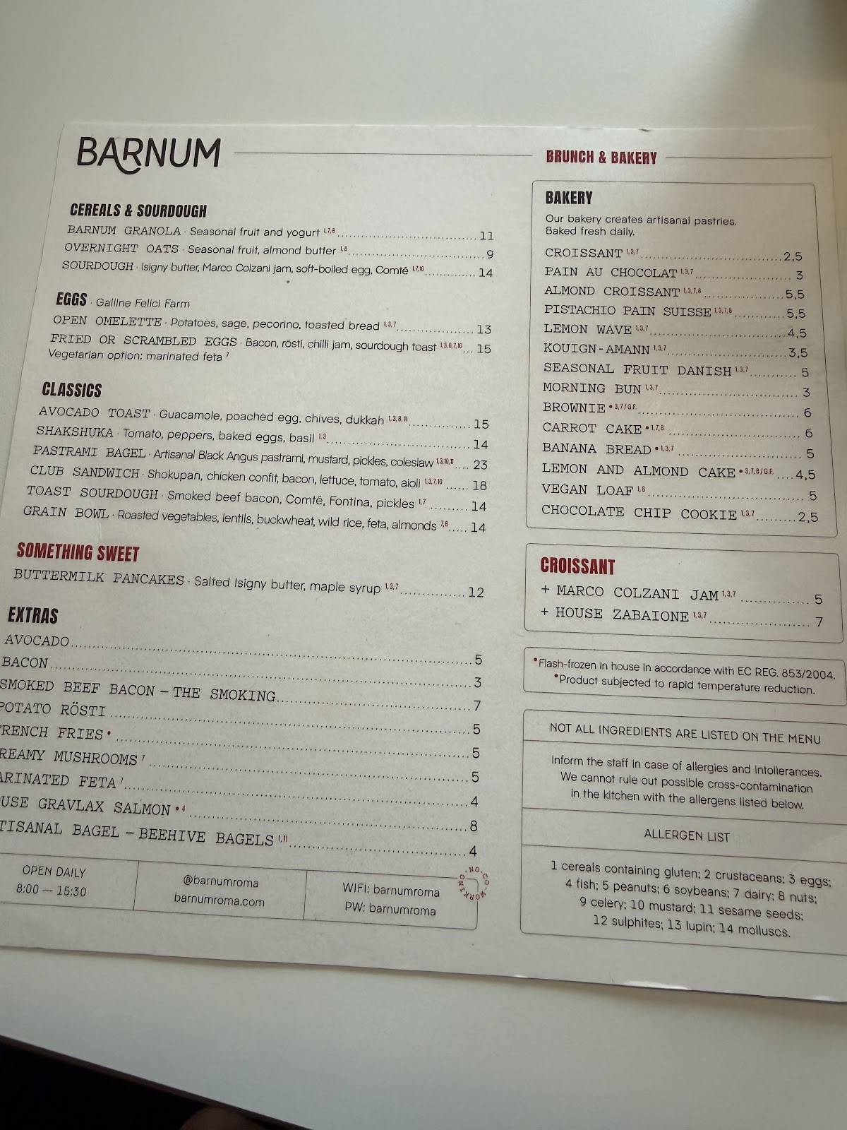 Barnum Roma меню