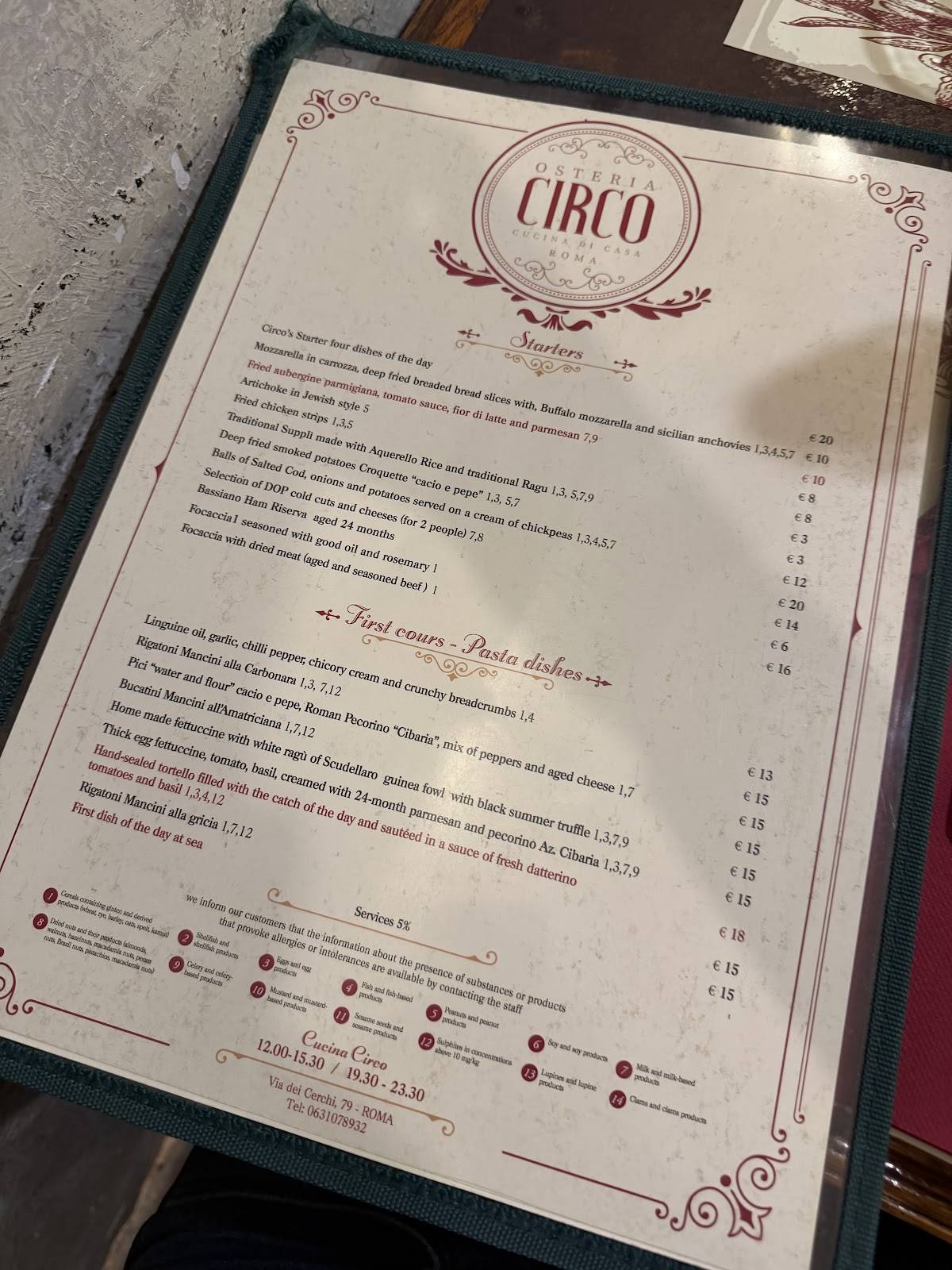 Osteria Circo меню