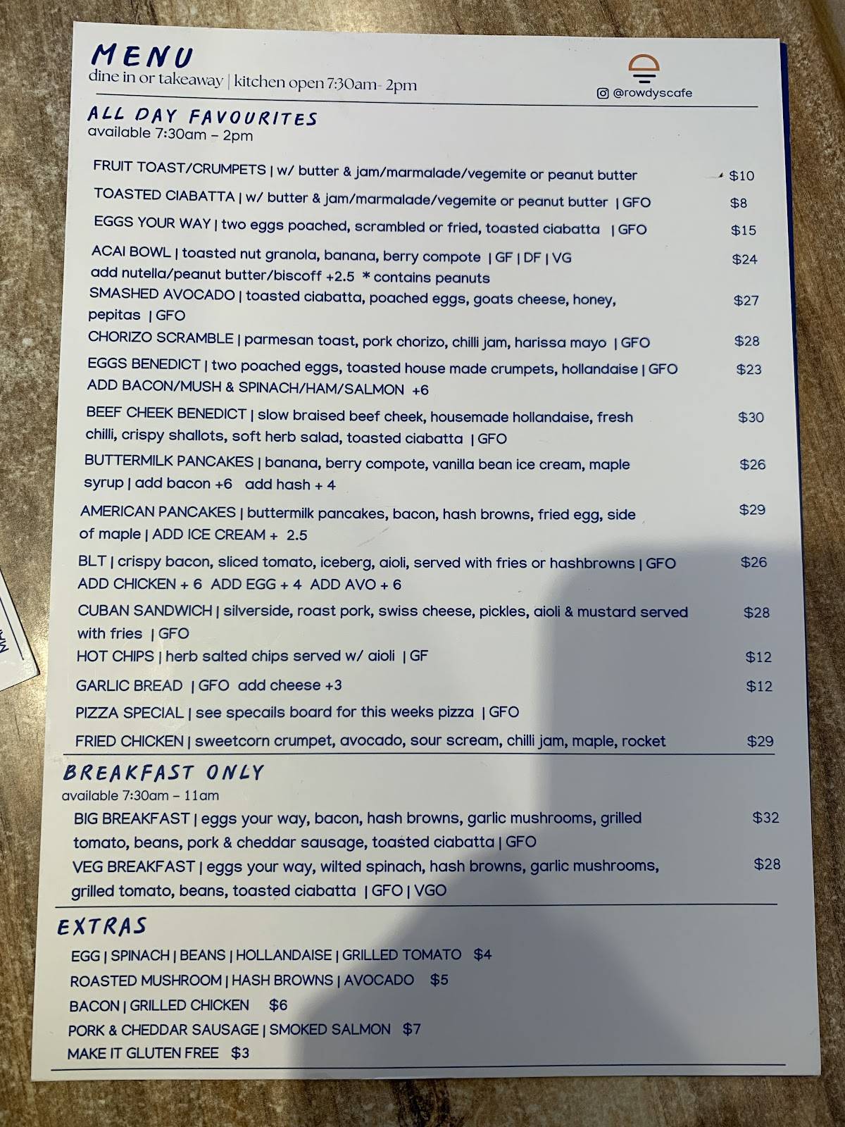 Rowdy’s Cafe Rockingham меню