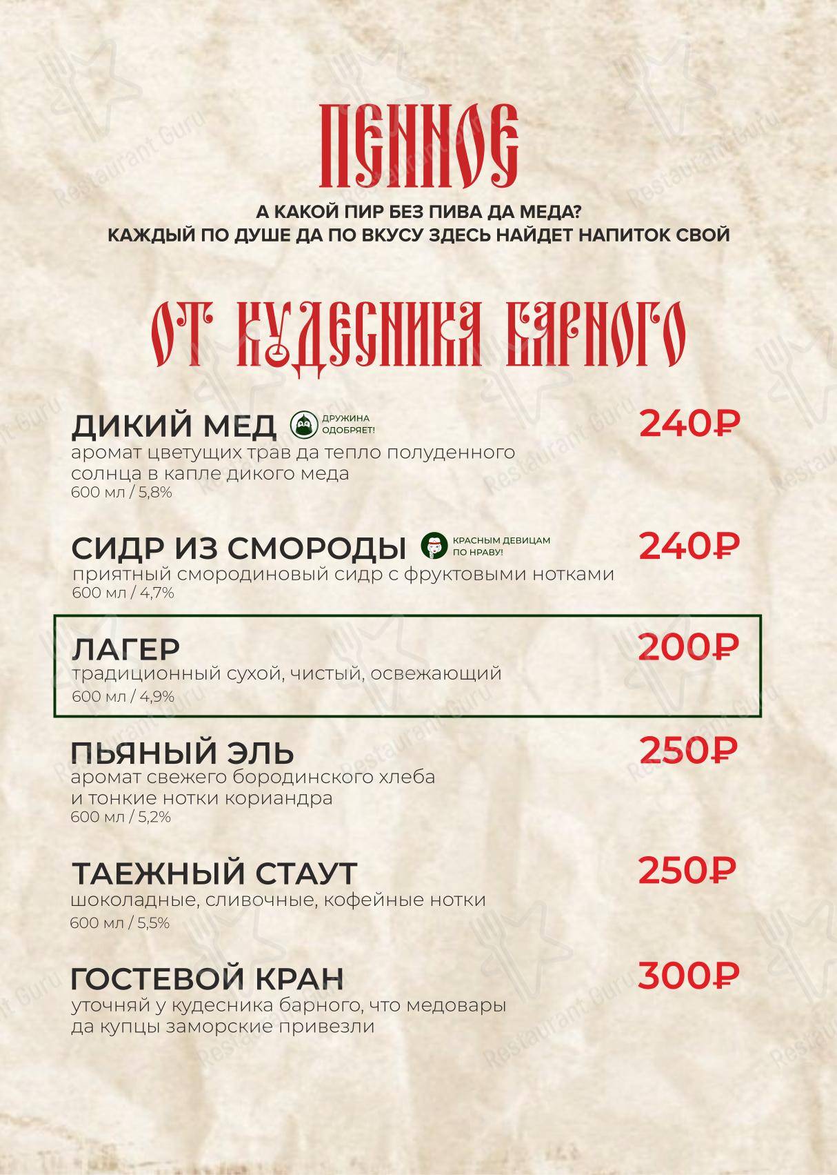 Меню для посетителей паба и бара Пьяна Ель