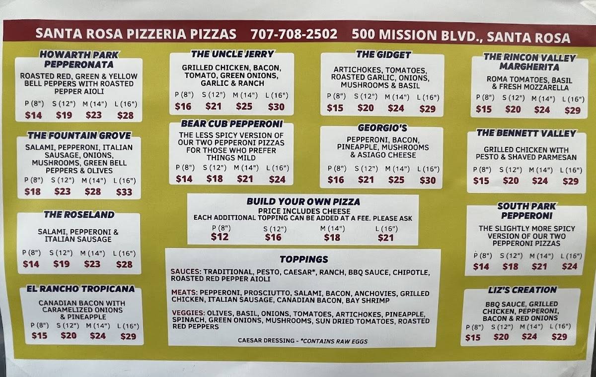 Santa Rosa Pizzeria меню