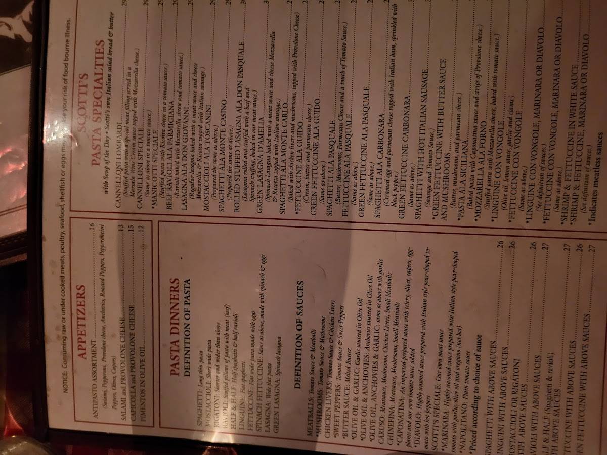 Scotti's Italian Restaurant меню