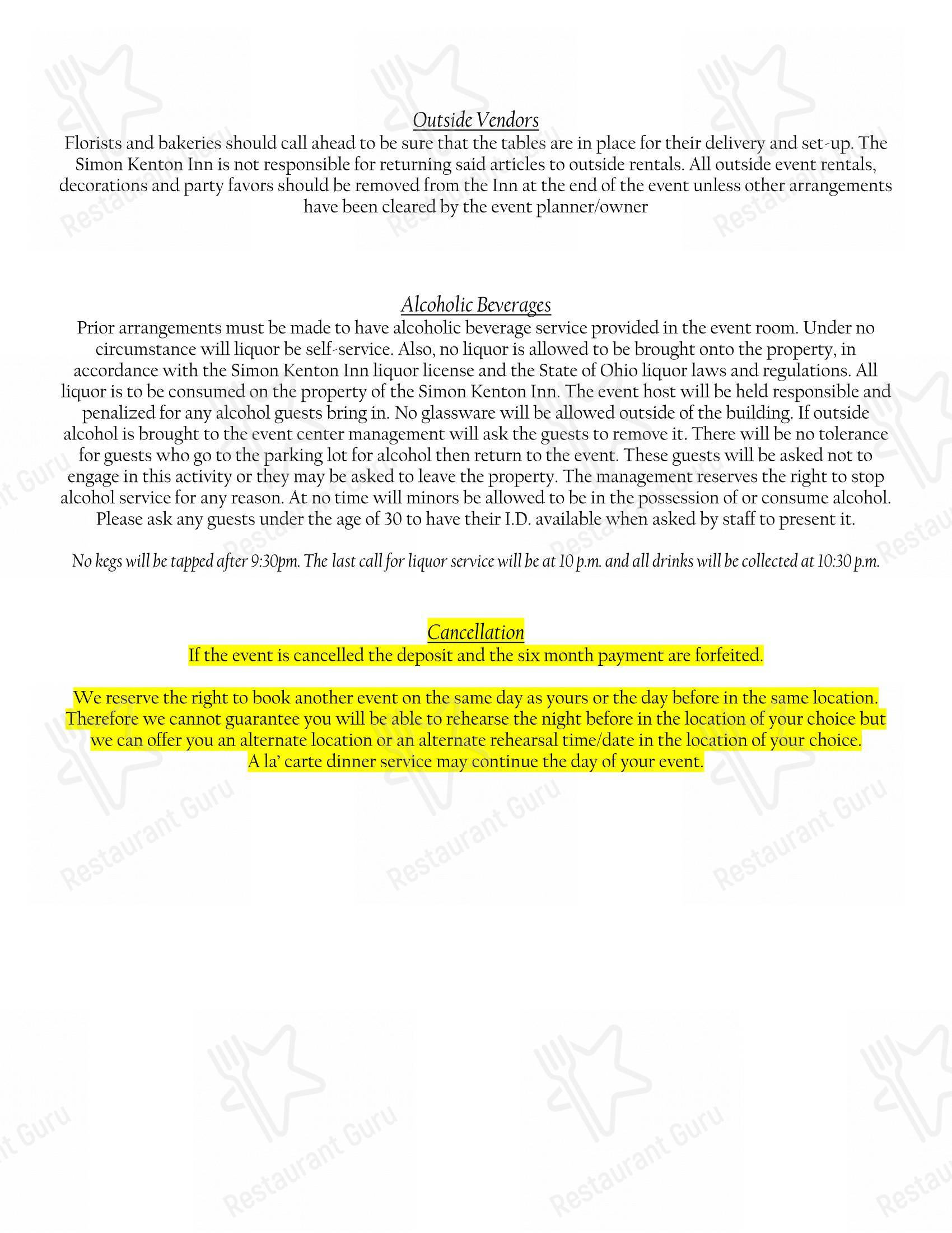 菜单 ресторана Simon Kenton Inn