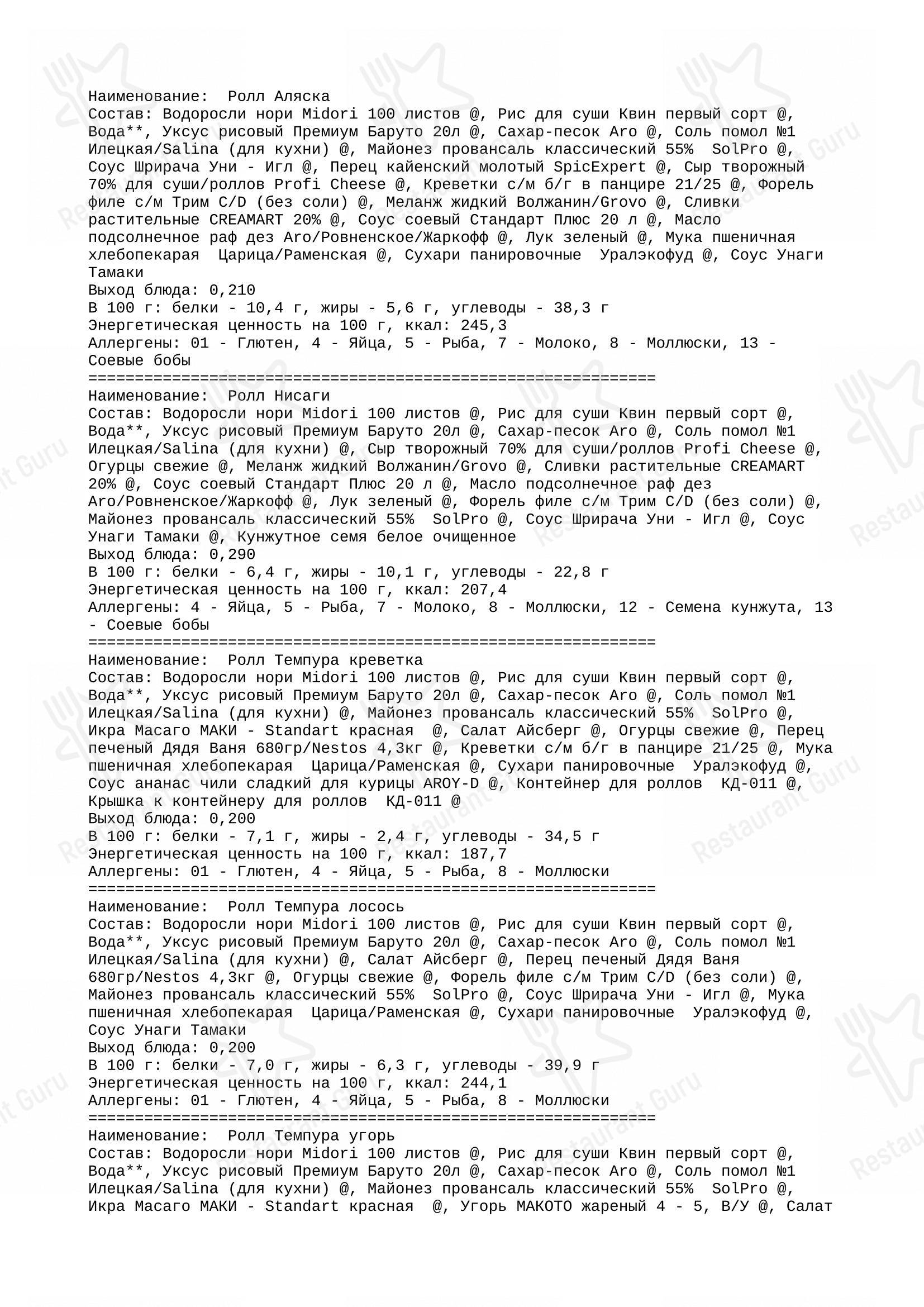 Меню ресторана Сицилия - Меню