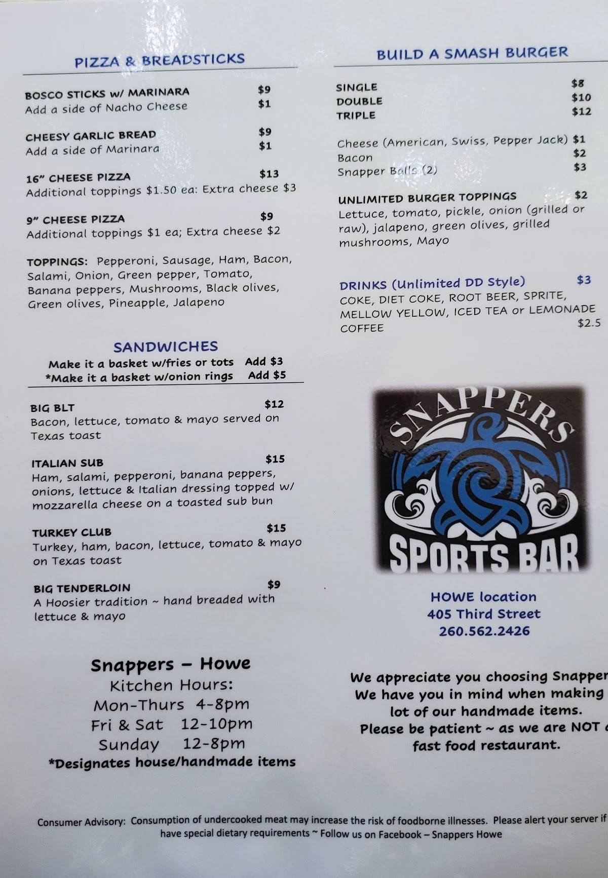 Snappers Sports Bar Howe меню
