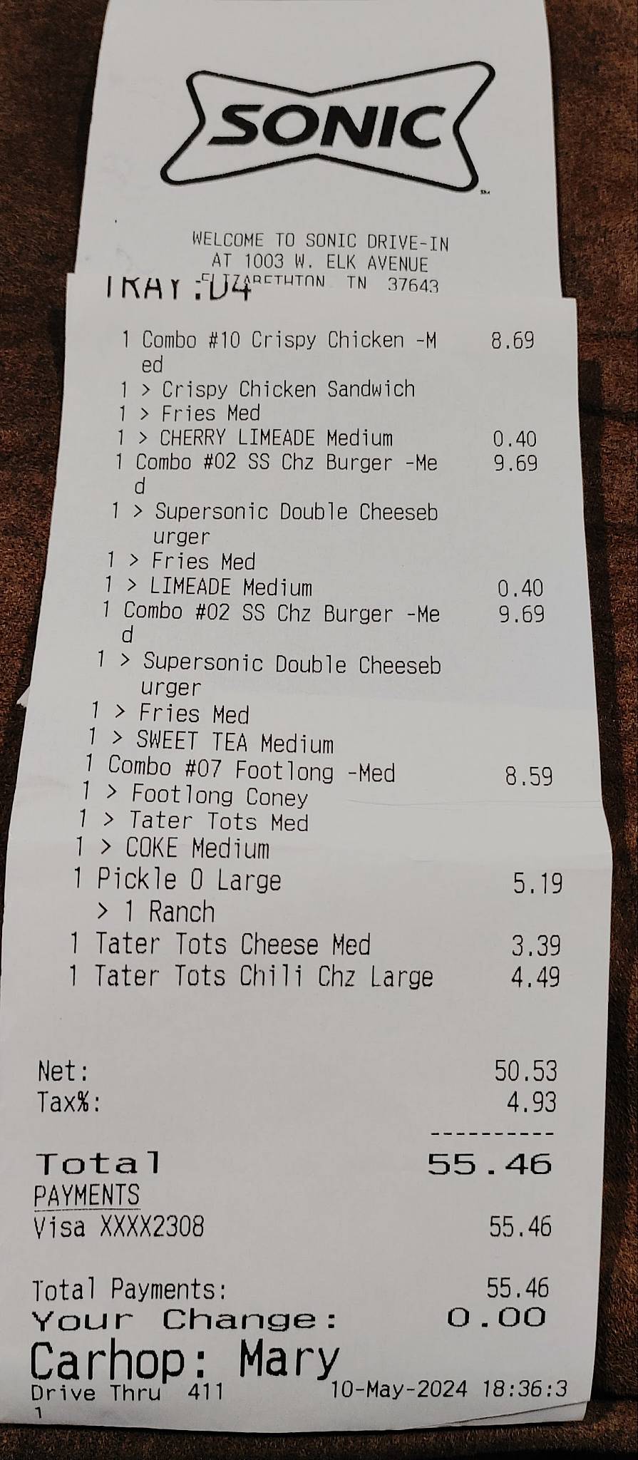 Sonic Drive-In меню