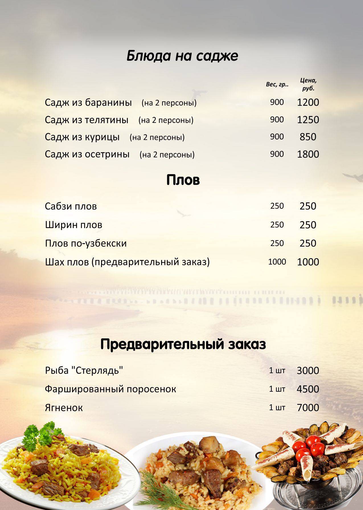 Южный берег меню