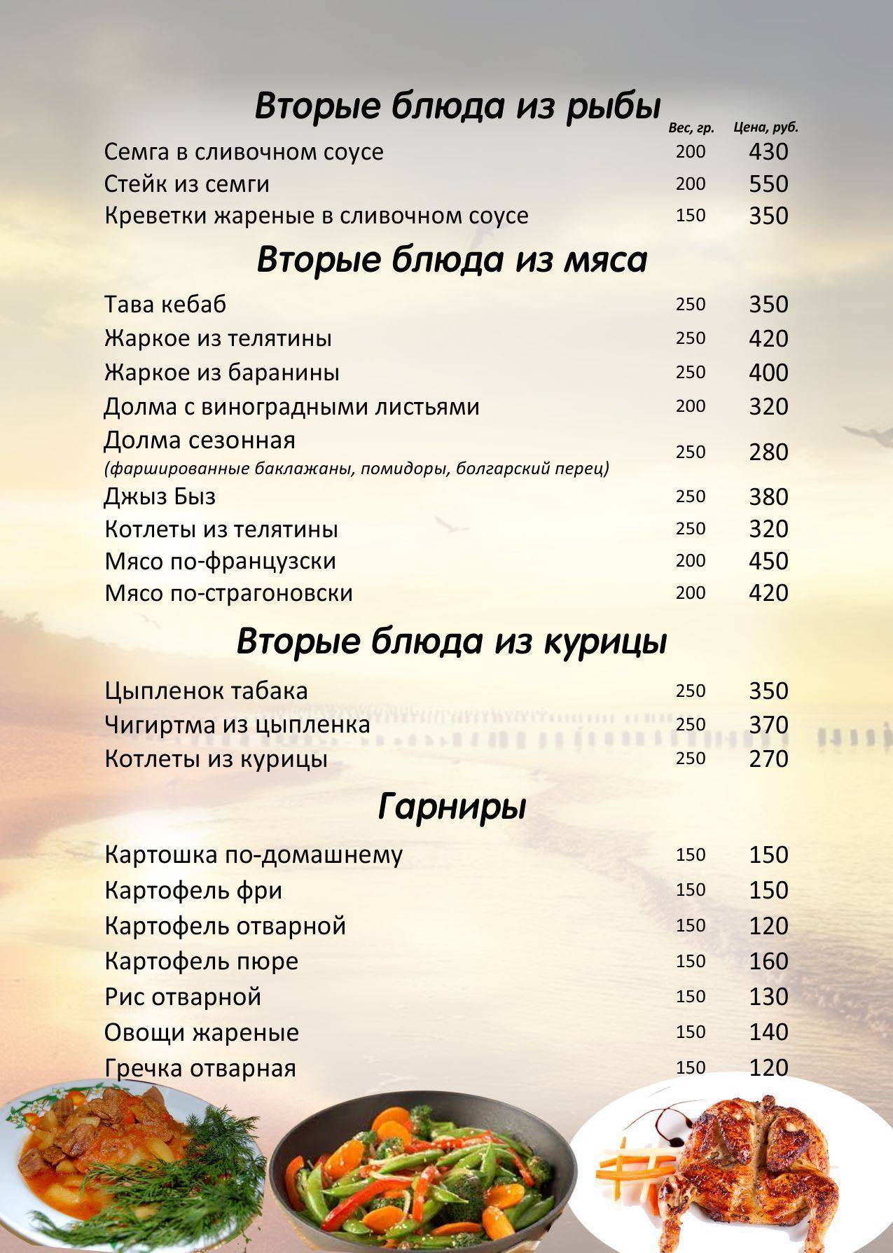 Южный берег меню