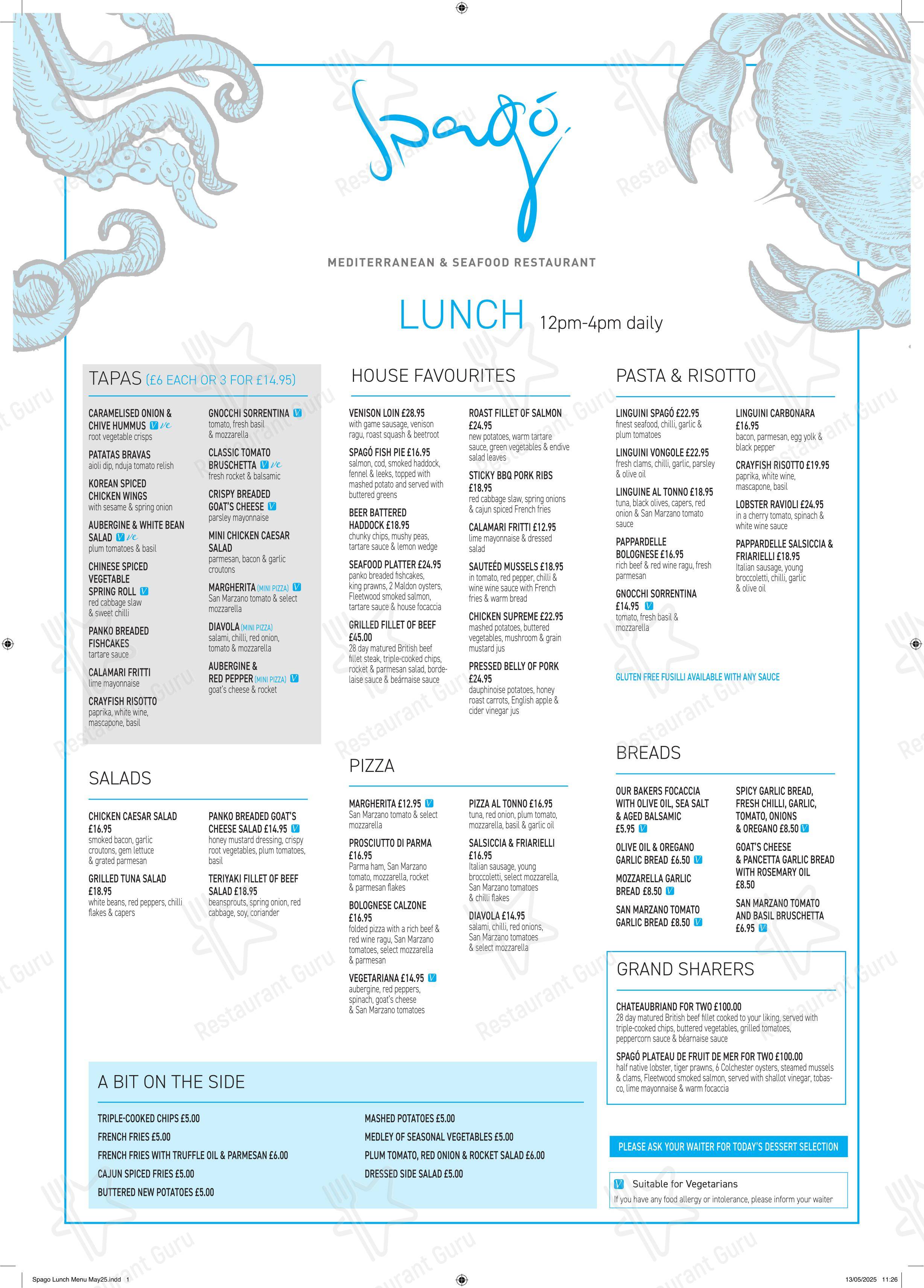 Spagó Mediterranean & Seafood Restaurant в Литаме Сейнте Аннесе - 菜单