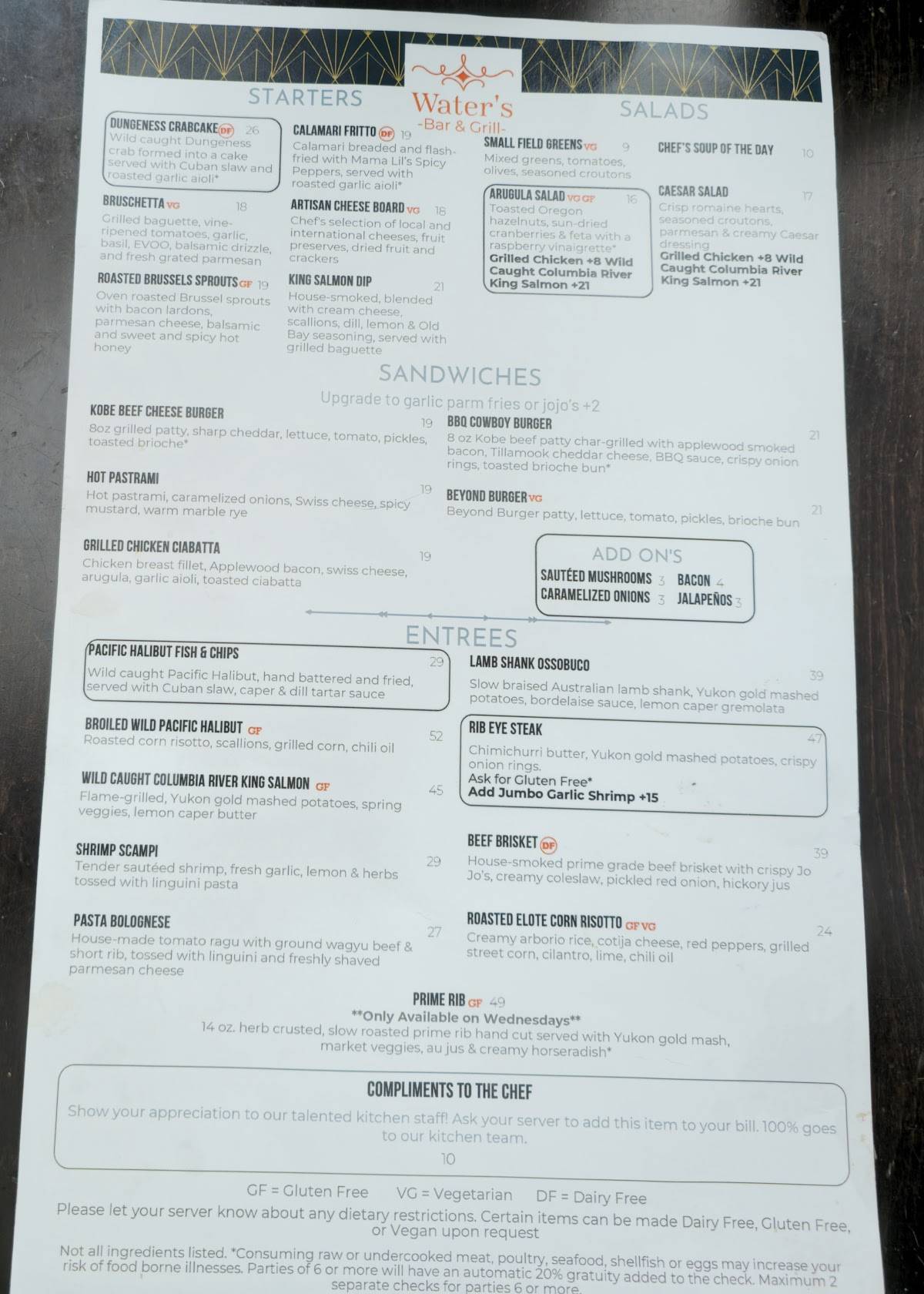 Waters Bar & Grill меню