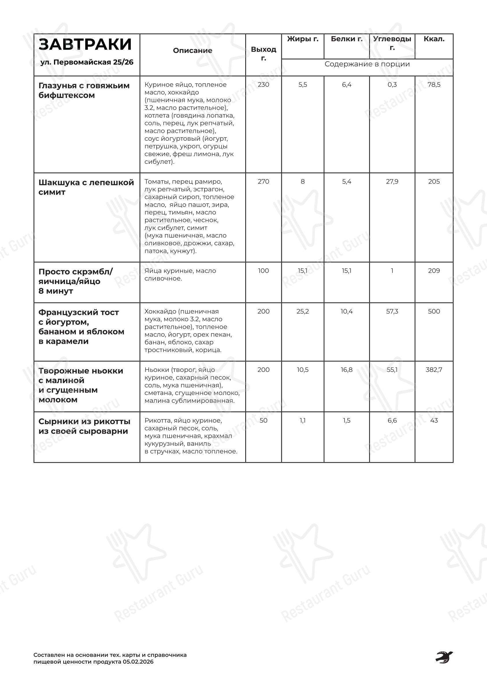 Меню напитков ресторана Свет и Заря