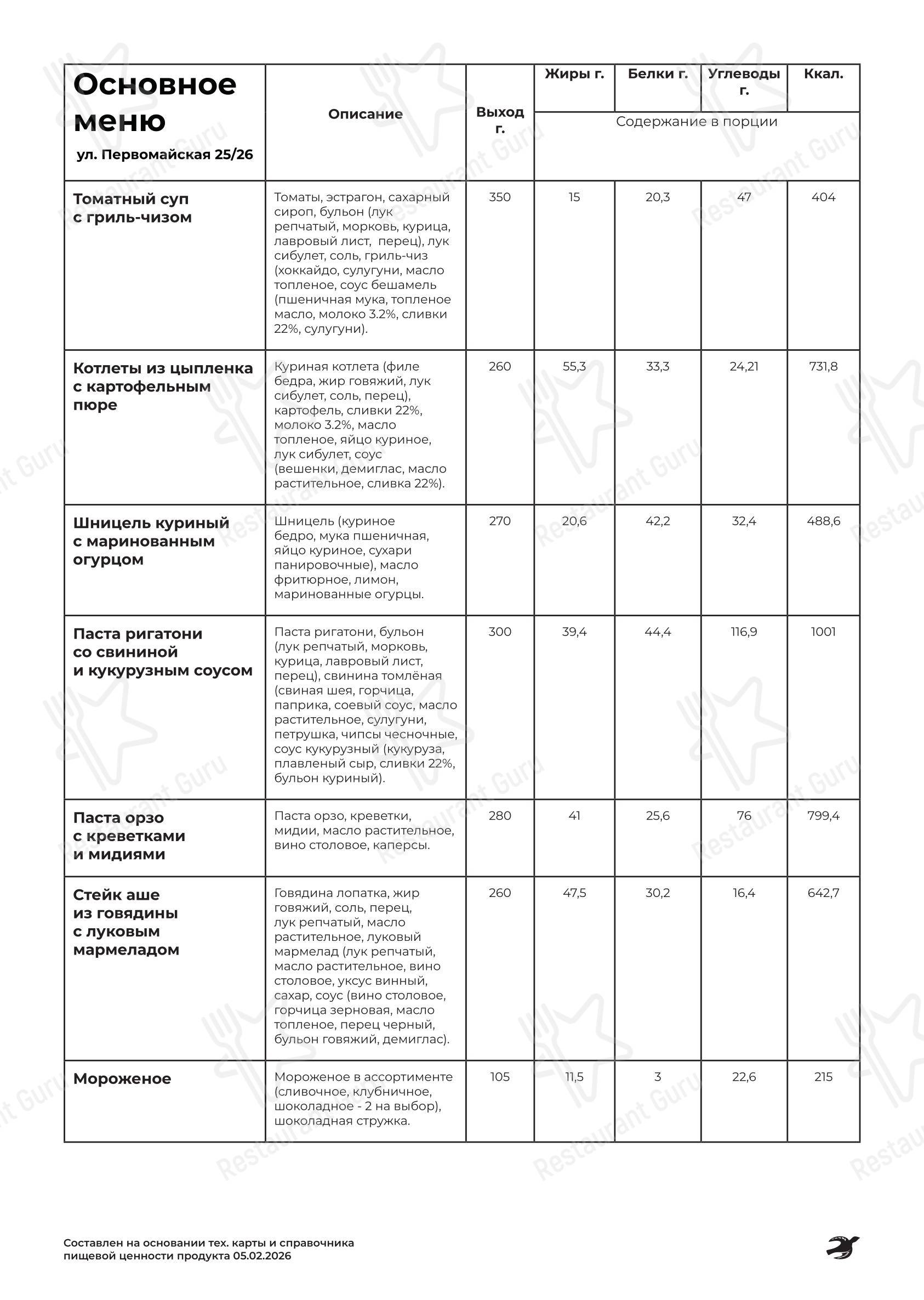 Меню напитков ресторана Свет и Заря