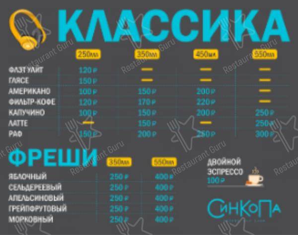 Меню для посетителей Синкопа