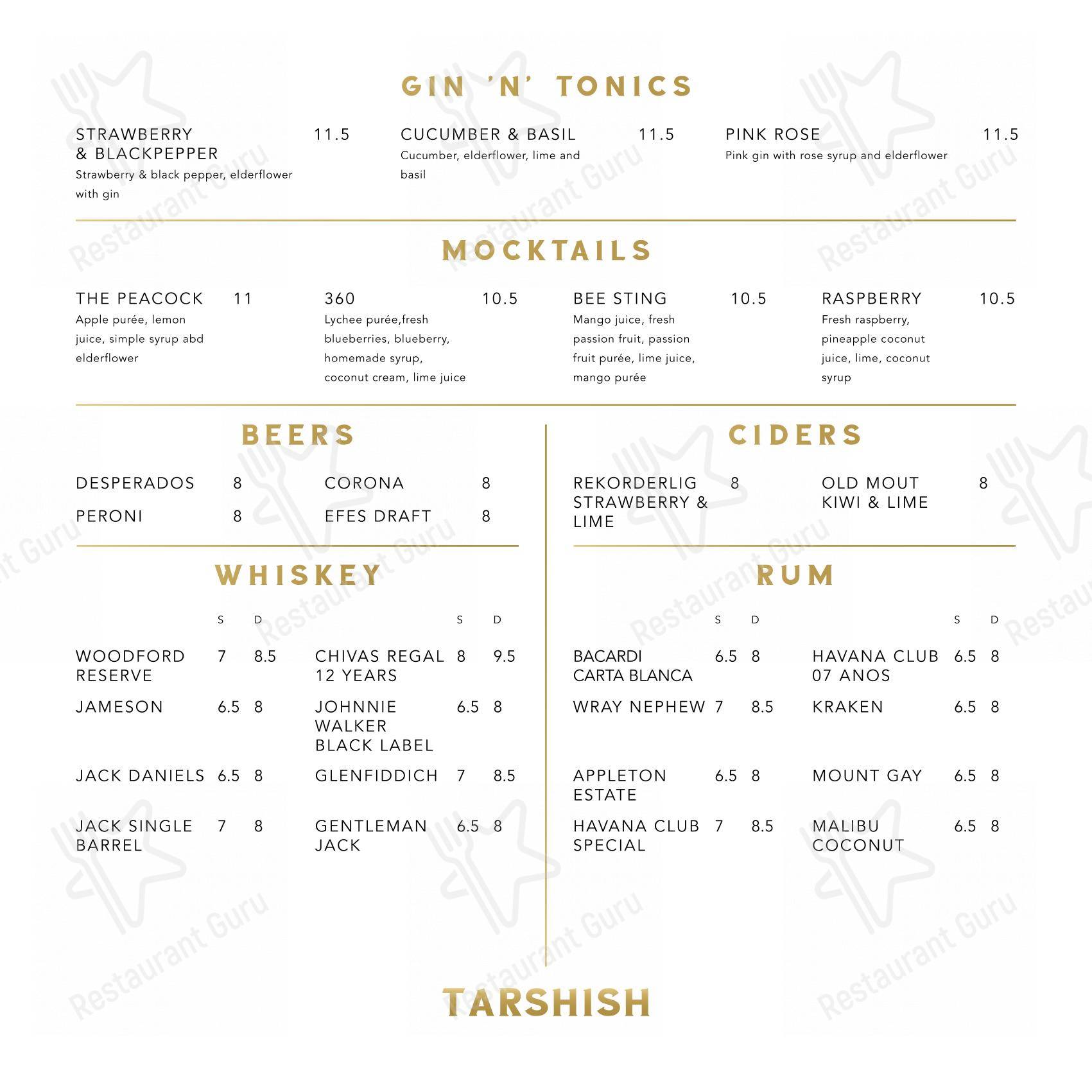 Lunch Menu ресторана Tarshish в Лондоне
